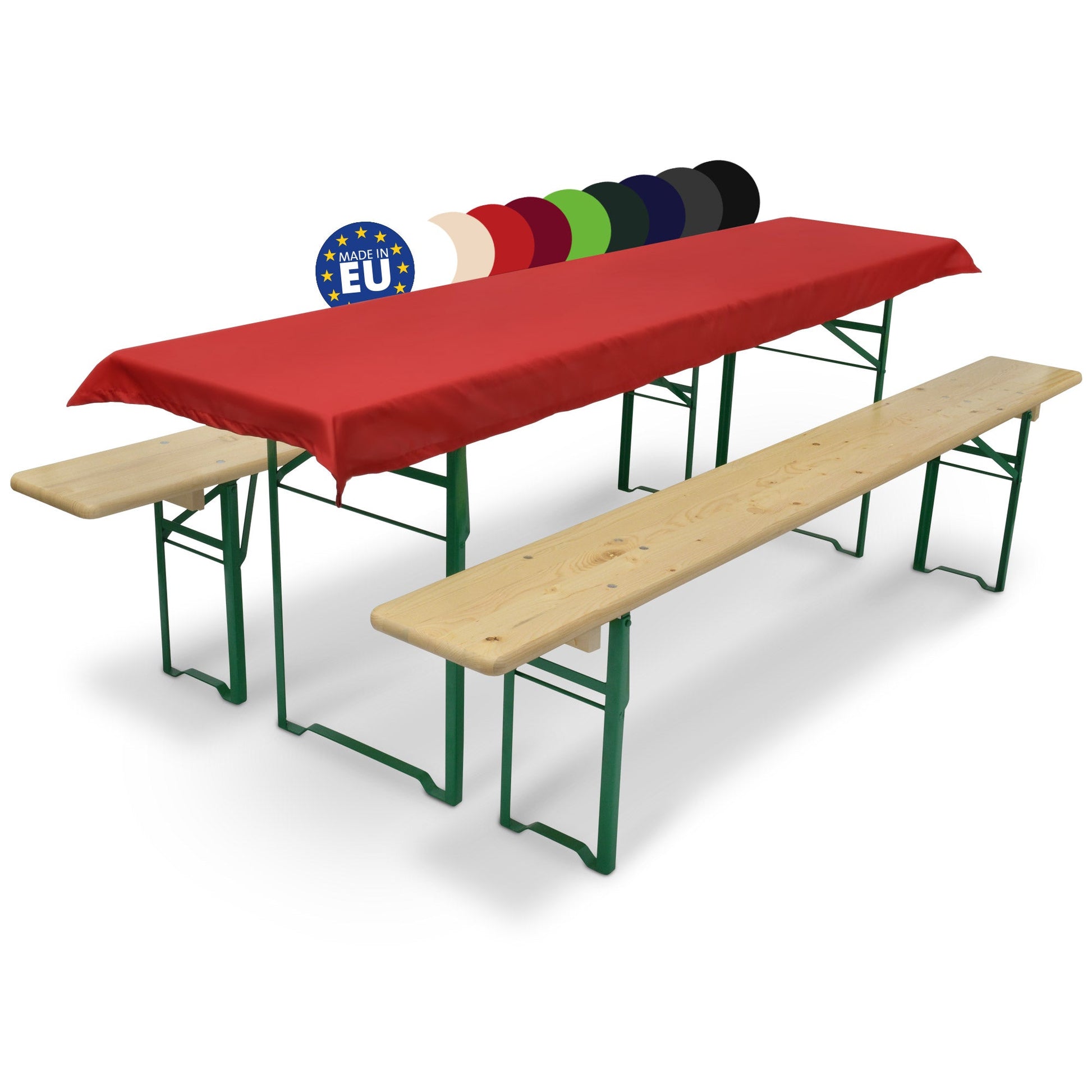 3er Set Beautissu Comfort XS Tischdecke und 2 Bierbankauflagen auf Festzeltgarnitur mit roter Tischdecke.