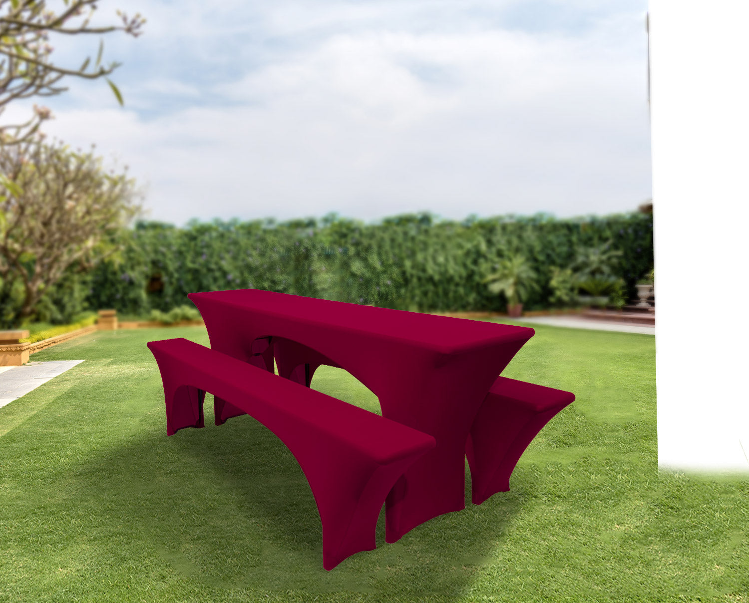 3er Set Beautissu Victoria stretch Biertischhusse in garden setting, 50x220cm and 70x220cm sizes.