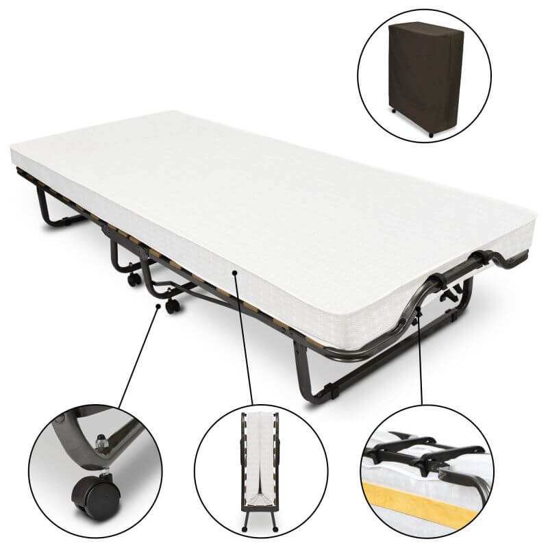 Beautissu Gästebett Venetia folding bed with mattress, steel frame, and protective cover, showcasing collapsible design and easy-rolling wheels.
