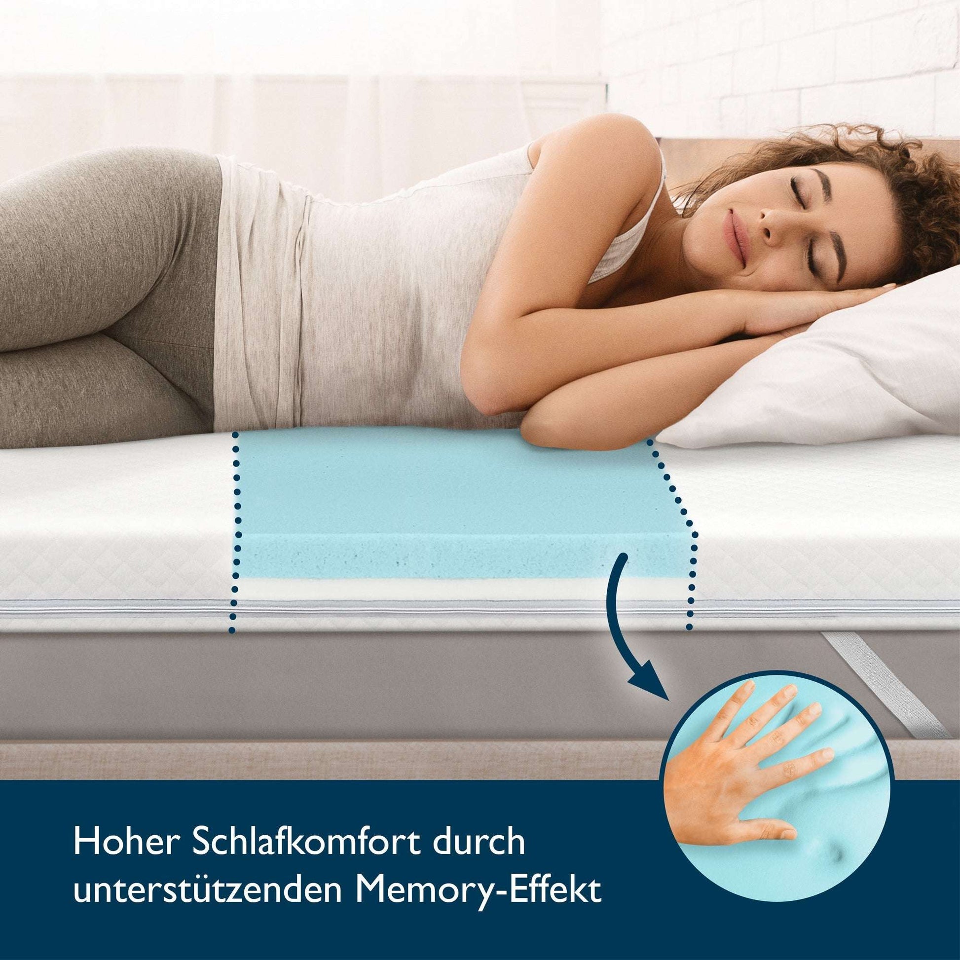 Beautissu BeauNuit GT Gel Memory Foam Mattress Topper on bed with person sleeping comfortably, showcasing memory effect support.