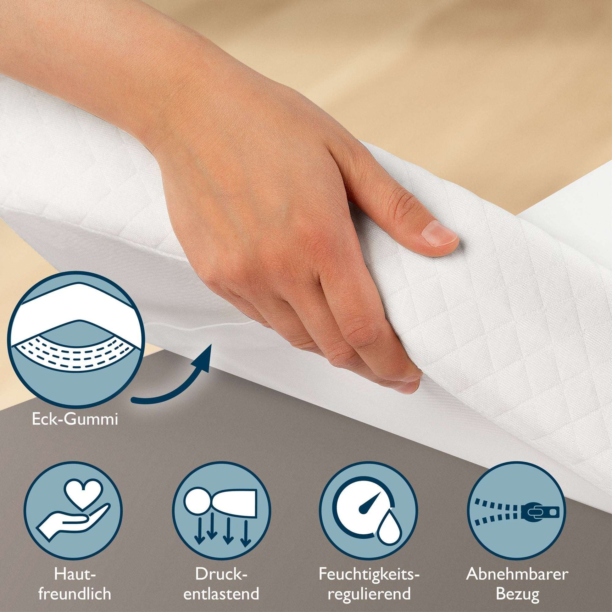 Beautissu BeauNuit GT Gel Memory Foam Mattress Topper showing corner elastic, breathable and moisture-regulating features.