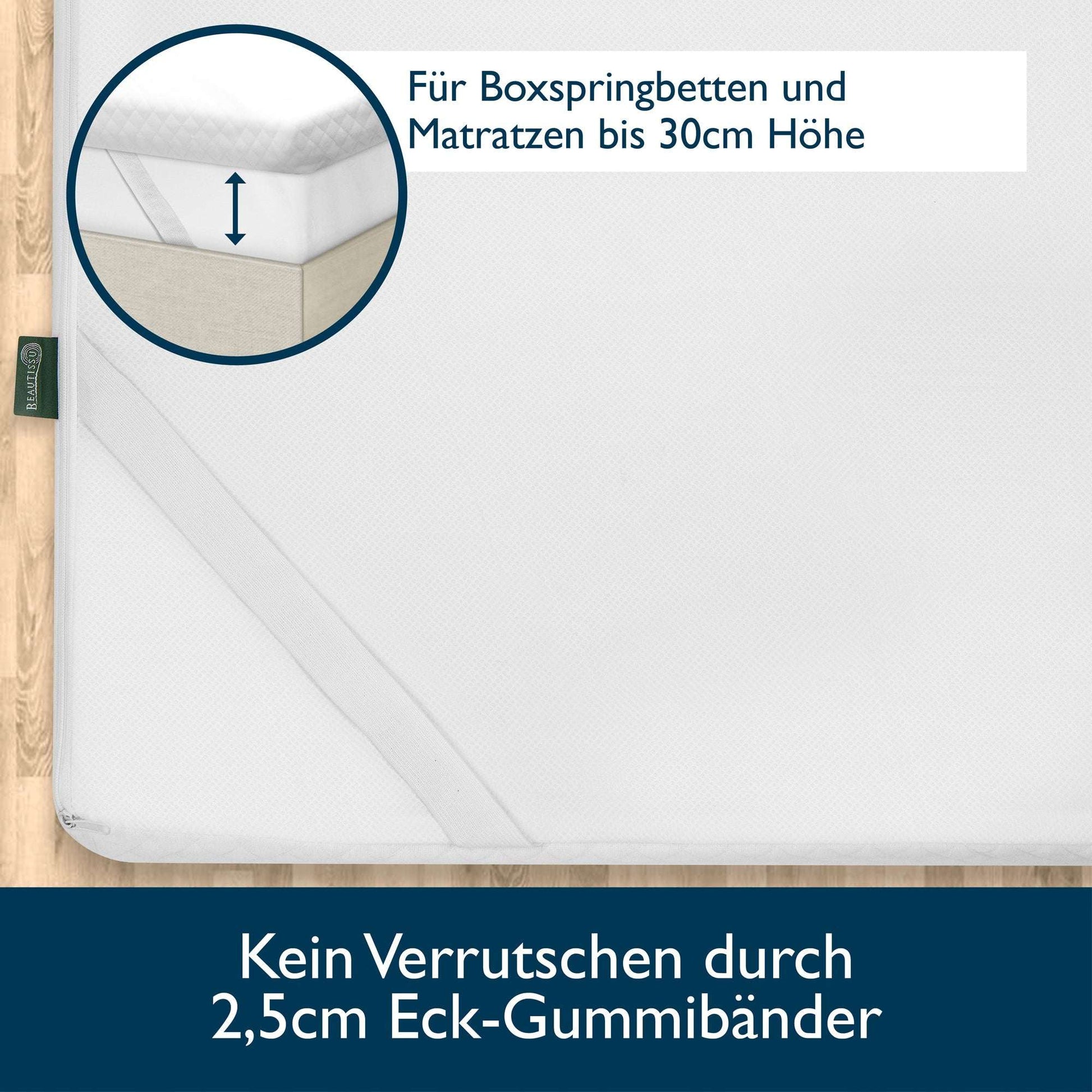 Matratzenauflage Beautissu BeauNuit GT aus Memory Foam mit Eckbändern für Boxspringbetten.