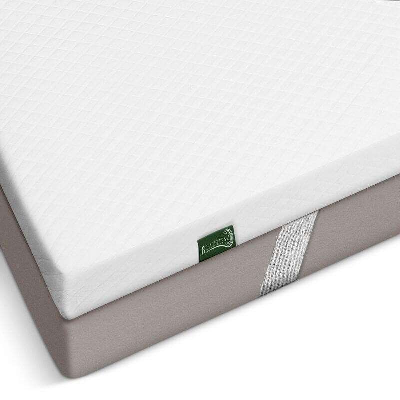 Beautissu BeauNuit GT Gel Mattress Topper with Memory Foam on a bed, featuring a quilted breathable cover and anti-slip bottom.