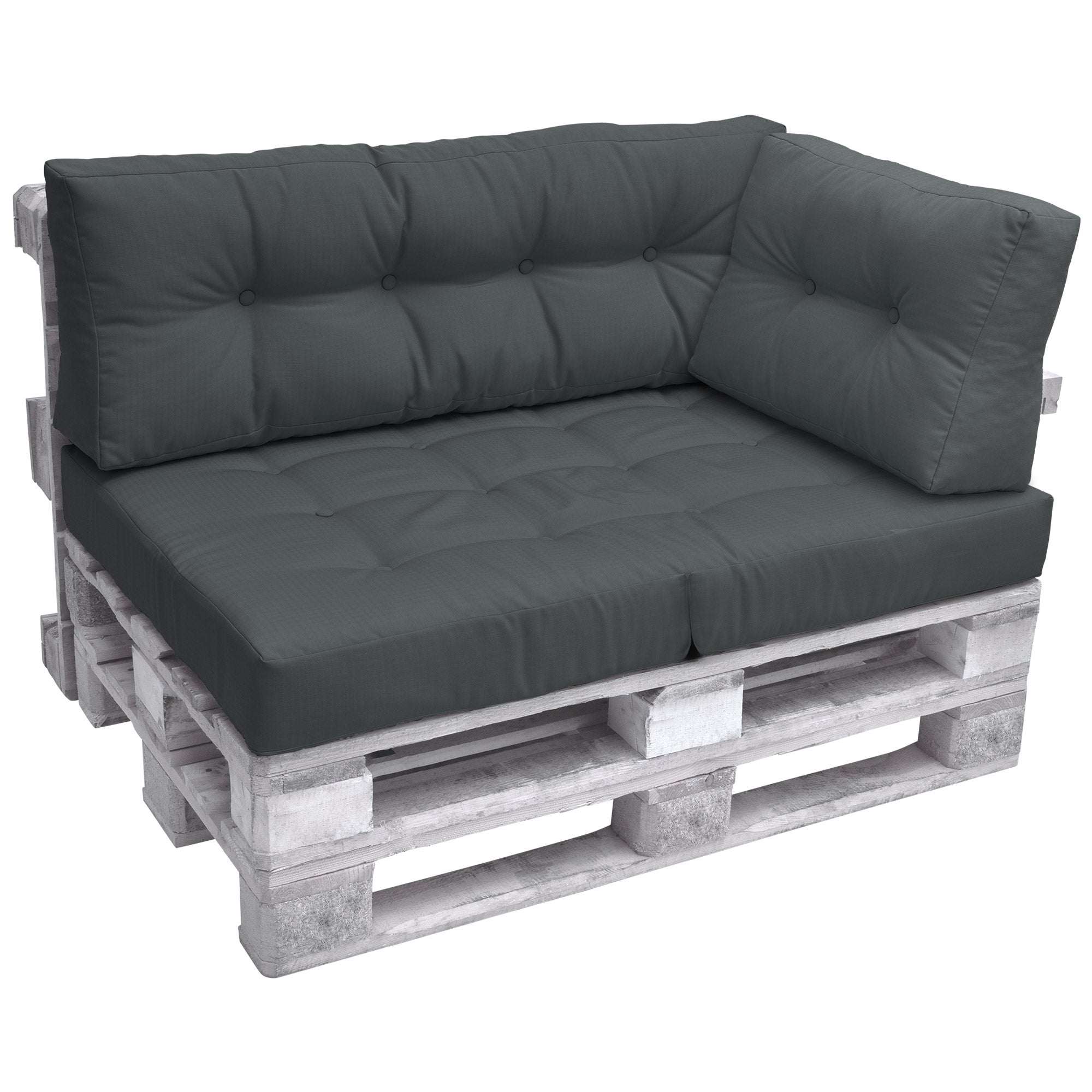 Beautissu Eco Elements Palettenkissen in verschiedenen Farben auf Europaletten, stilvolles Design mit Zierknöpfen, ideal für Chill-Lounge.