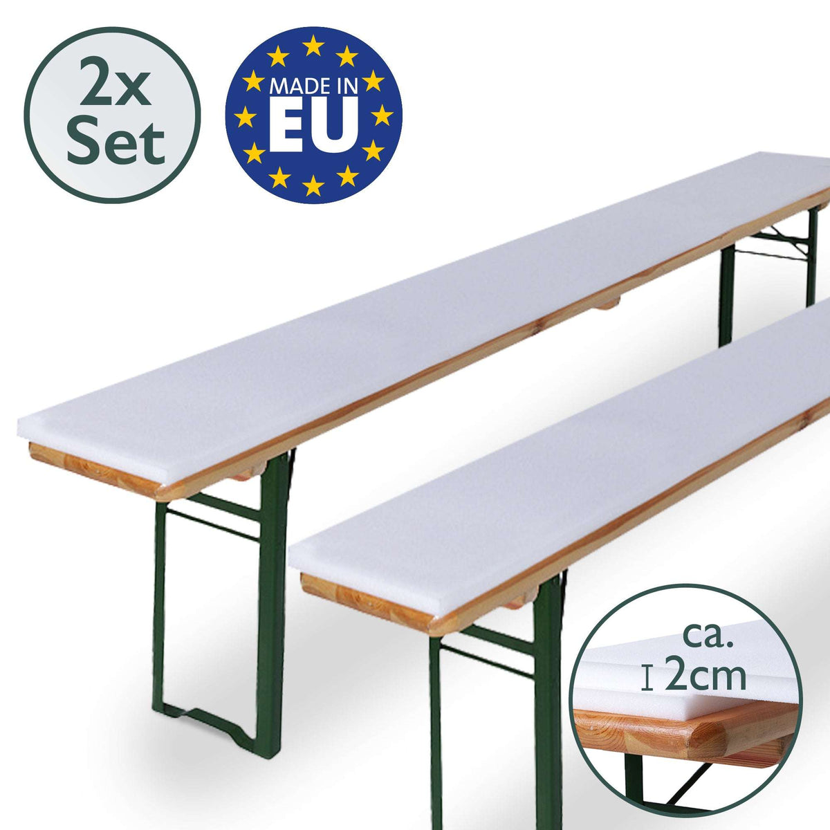 Zwei Bierbankpolster 2 cm dick auf zwei Bierbänken, 2er-Set, Made in EU, Detail Polsterhöhe ca. 2 cm