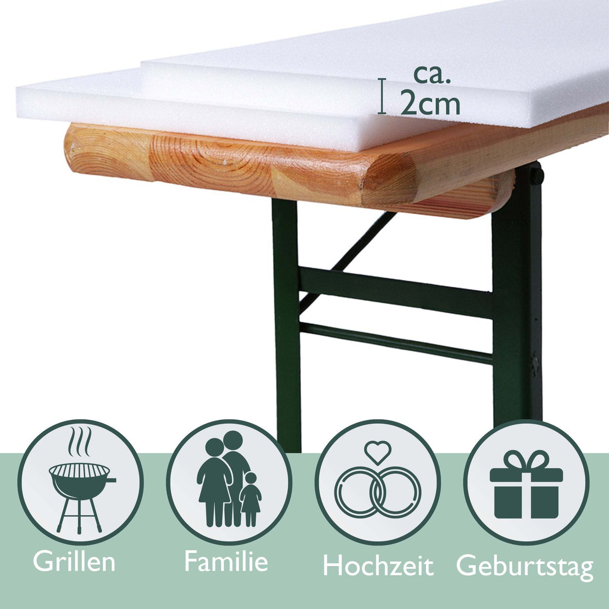 Bierbankpolster 2 cm dick auf Bierbank, Nahaufnahme – für Grillen, Familie, Hochzeit und Geburtstag