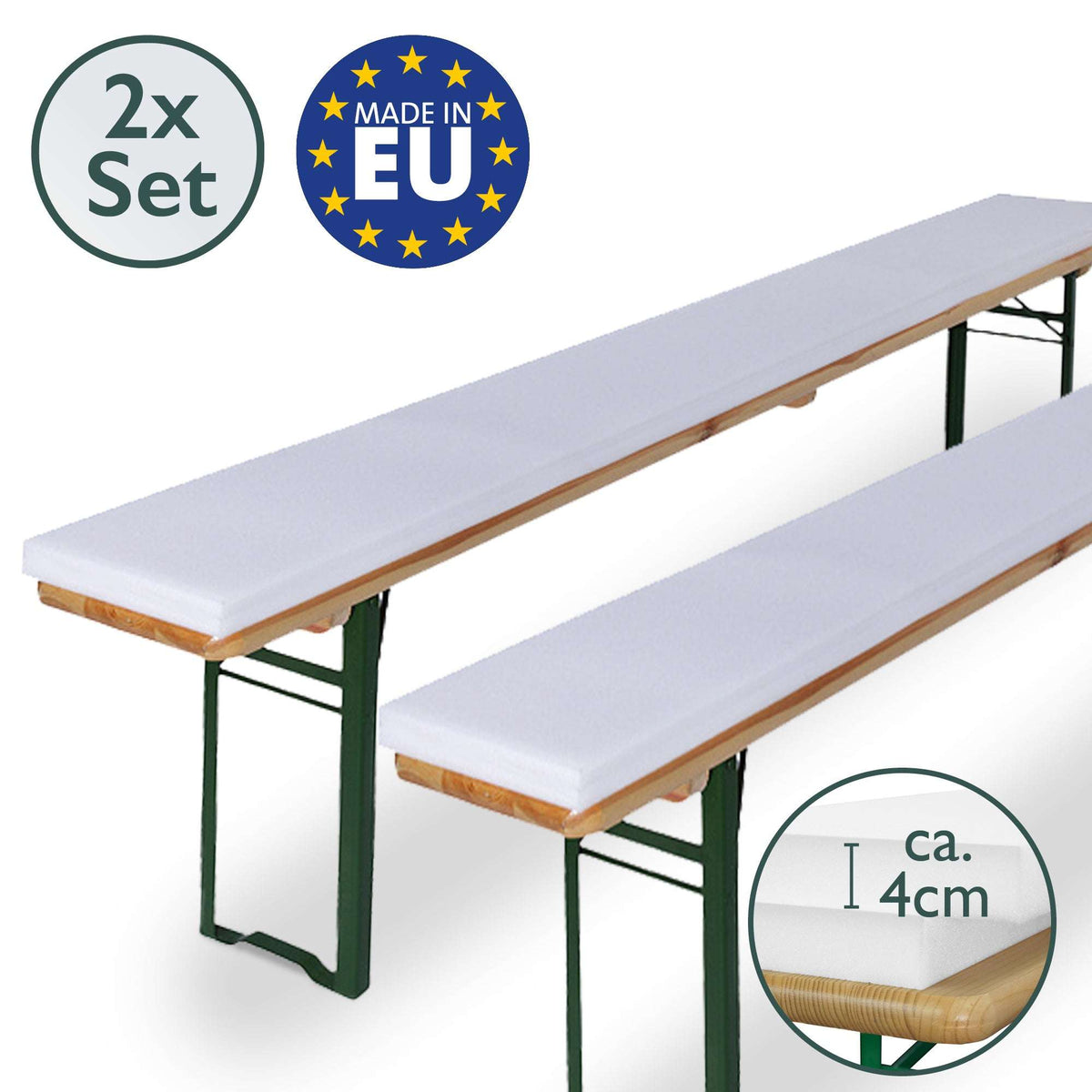 Zwei Bierbankpolster 4 cm dick auf zwei Bierbänken, 2er-Set, Made in EU, Detail Polsterhöhe ca. 4 cm