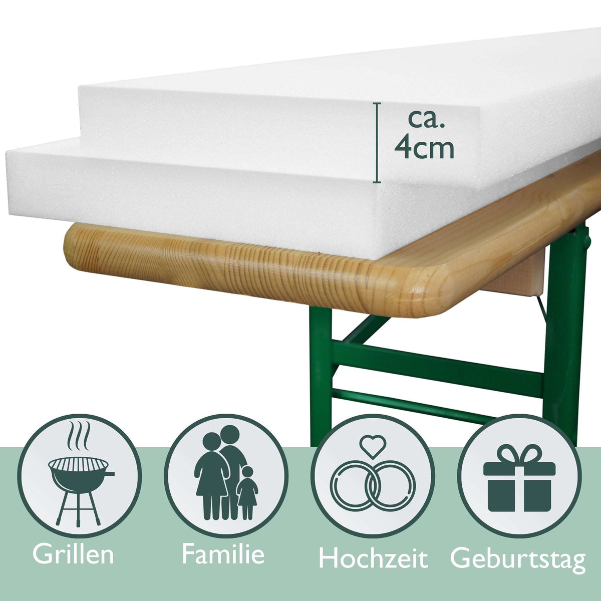 Bierbankpolster 4 cm dick auf Bierbank, Nahaufnahme – für Grillen, Familie, Hochzeit und Geburtstag