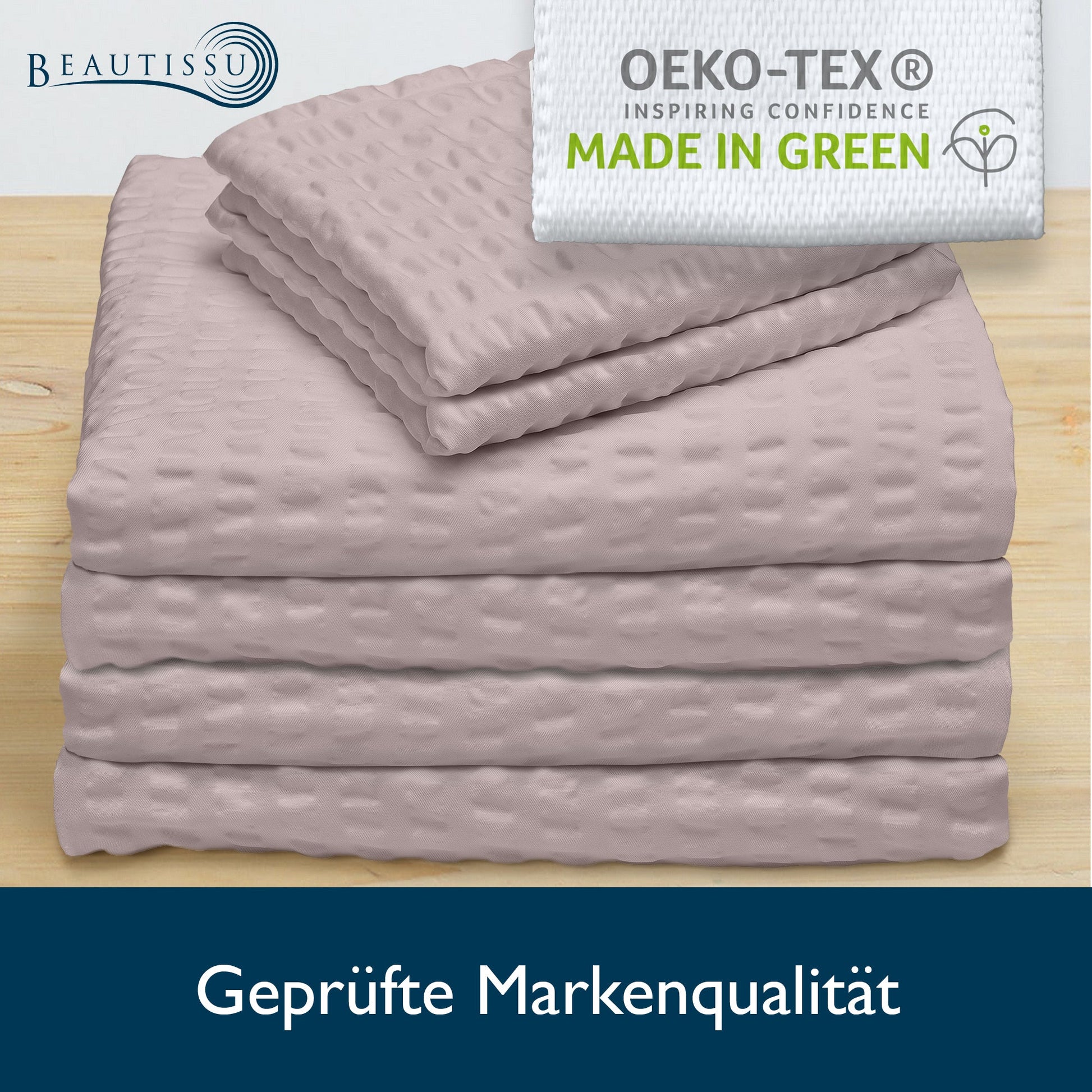 4-piece Beautissu Meline Seersucker bedding set with Oeko-Tex certification displayed.