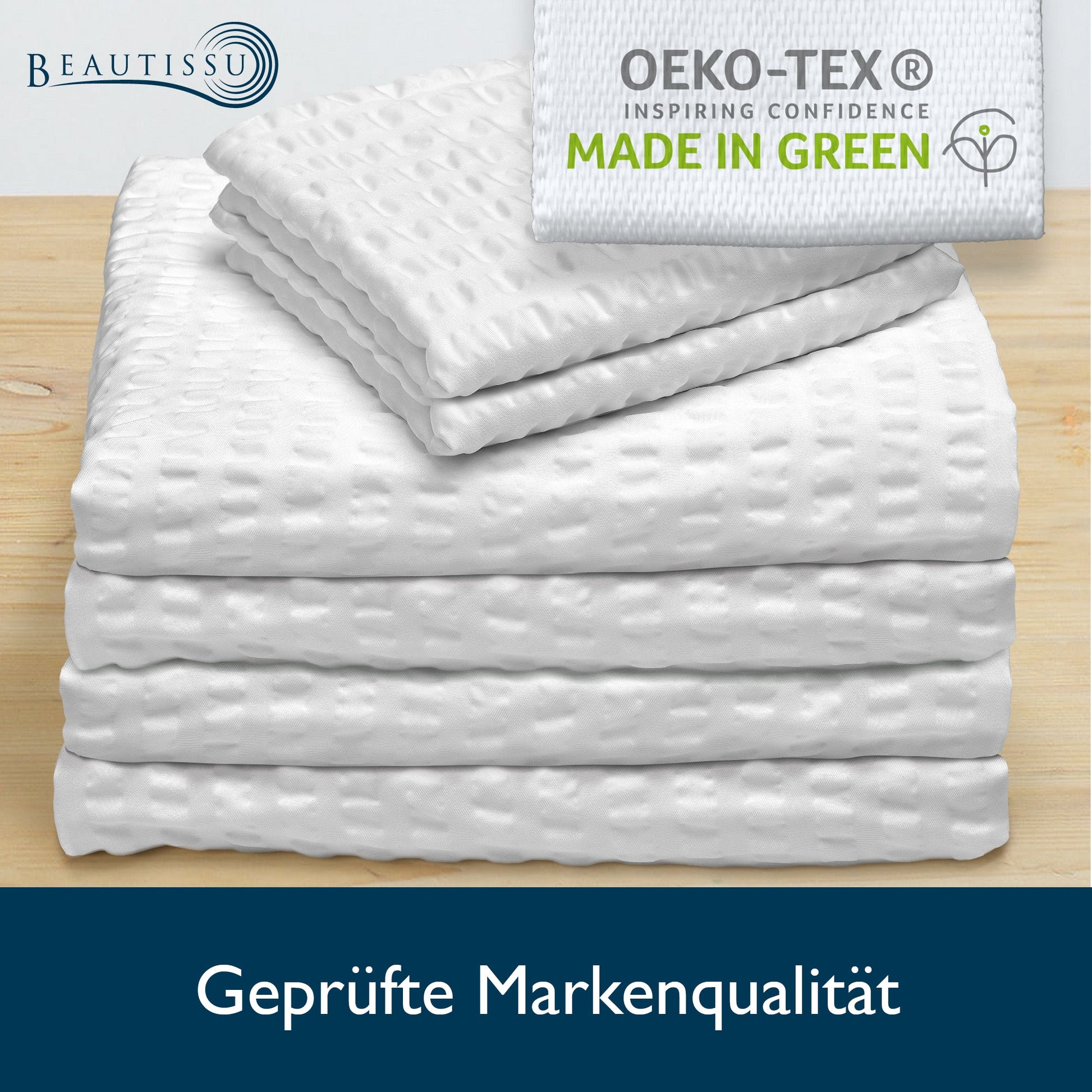 4-piece Beautissu Meline Seersucker bedding set with Oeko-Tex certification.