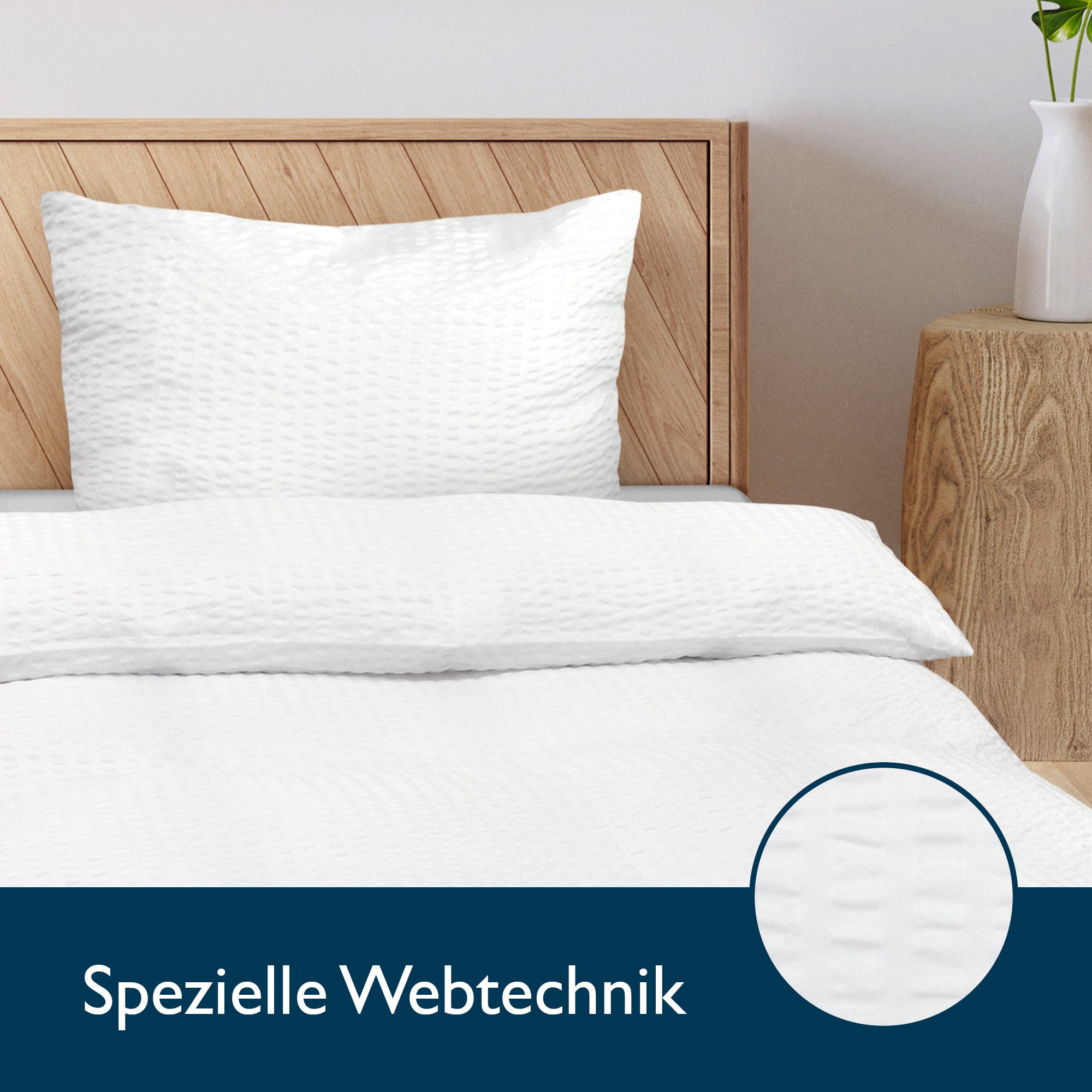 4-piece Beautissu Meline Seersucker bedding set with two duvet covers and two pillowcases, white seersucker texture, displayed on bed.