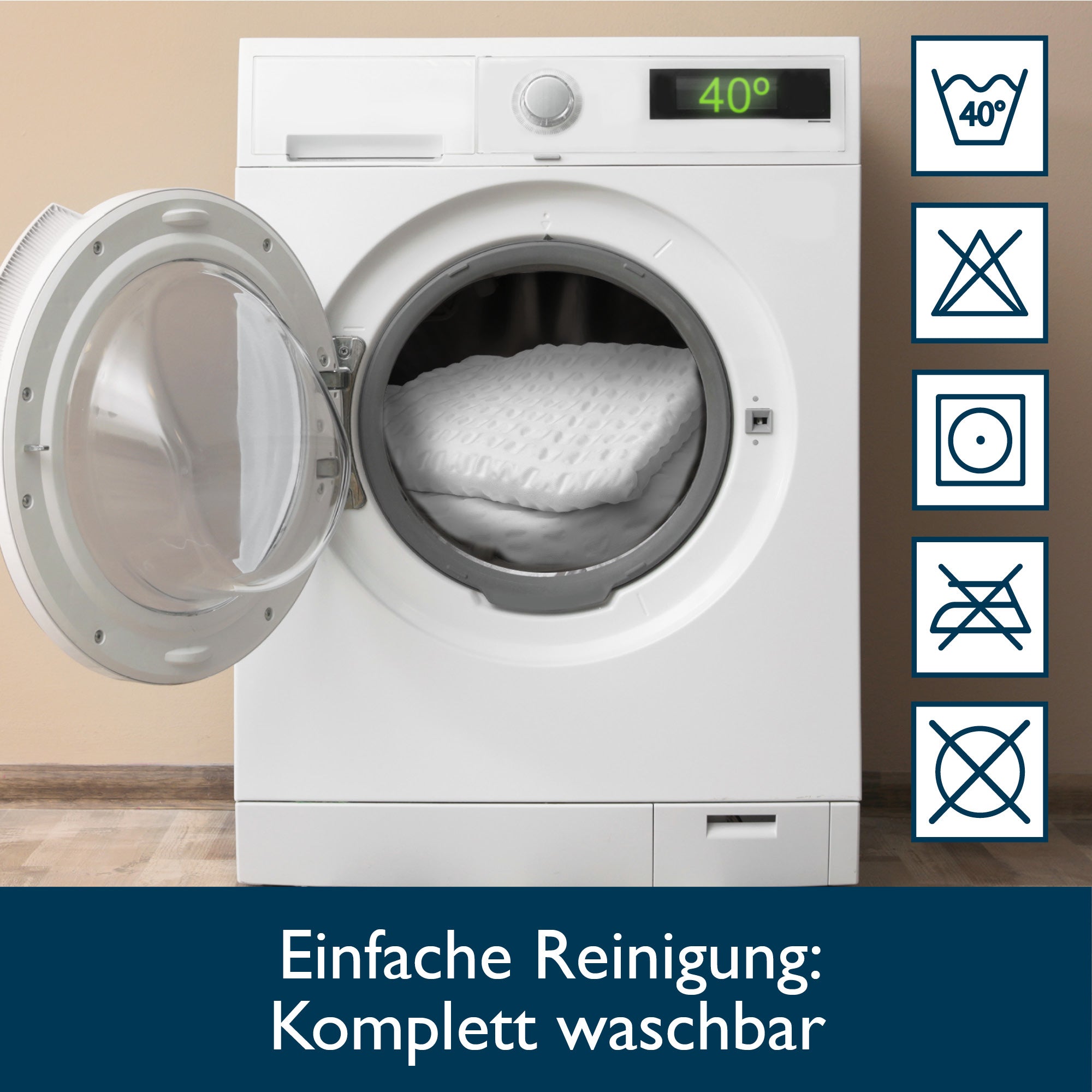 Washing machine with Beautissu Meline Seersucker bedding set, showing 40°C washing instructions and care symbols.