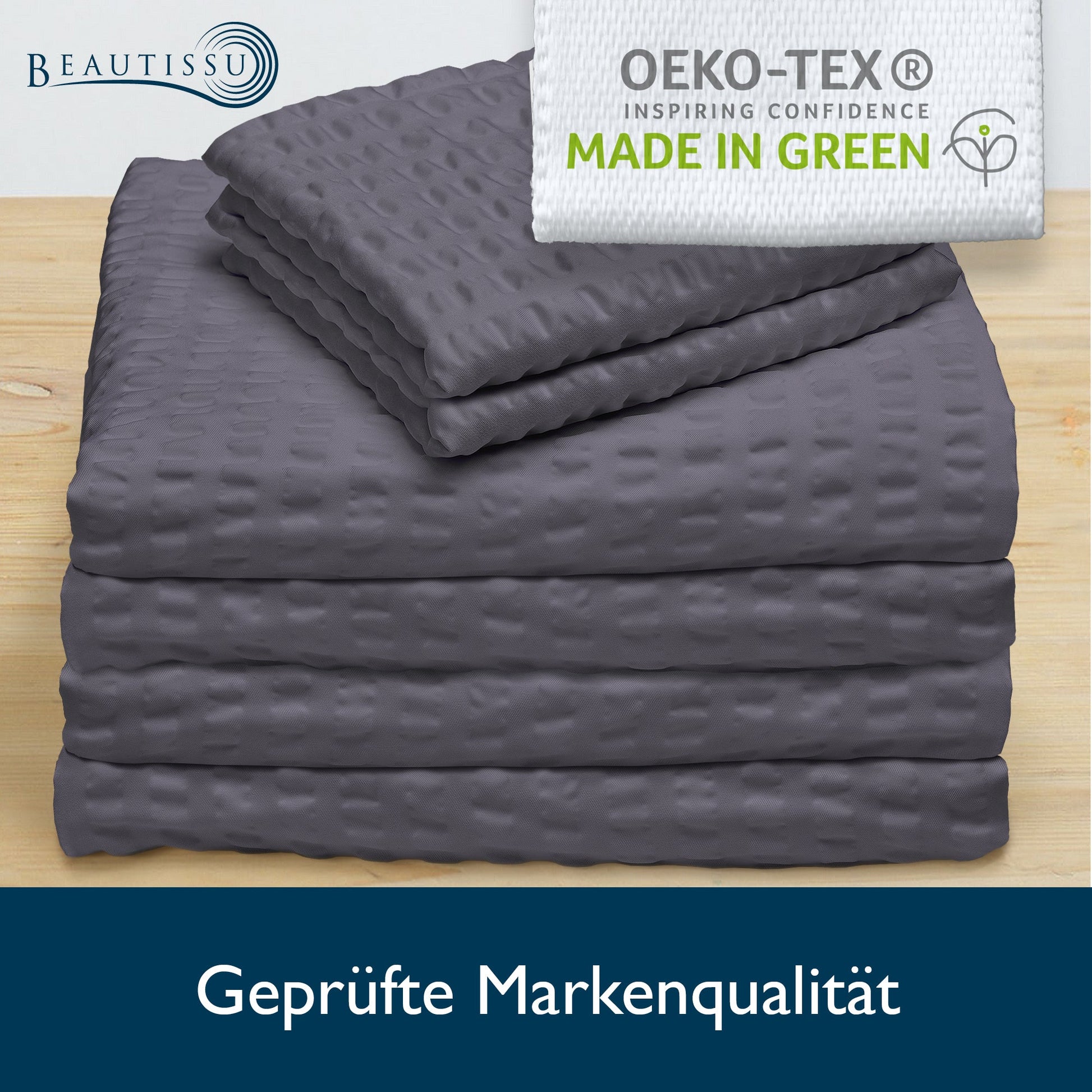 4tlg. Set Beautissu Meline Seersucker Bettwäsche mit Oeko-Tex Zertifizierung, stilvolles Design in Dunkelgrau.