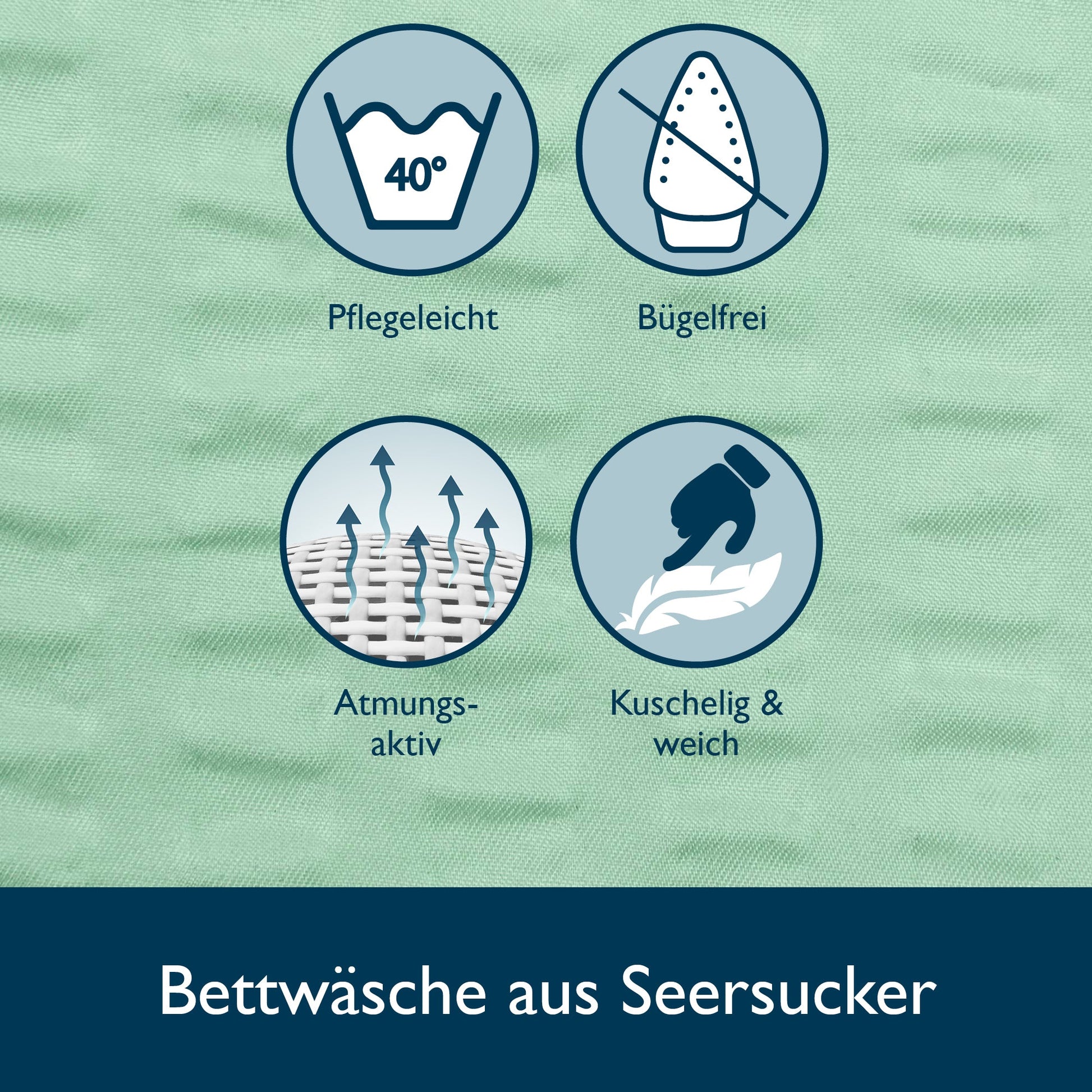 4-piece Beautissu Meline Seersucker bedding set features icons for easy care, wrinkle-free, breathable, and soft qualities on green background.