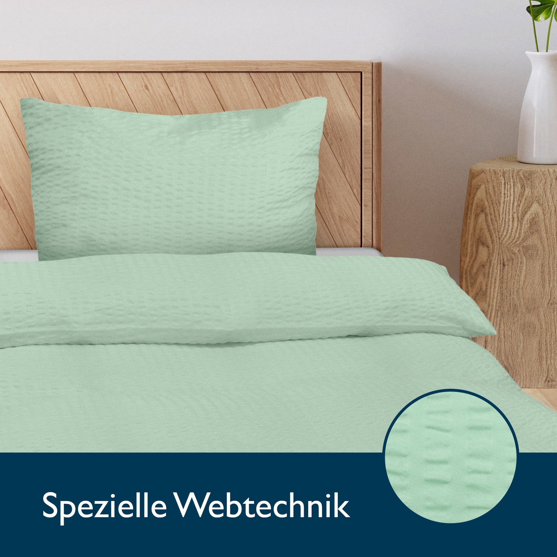 4tlg. Set Beautissu Meline Seersucker Bettwäsche in Pastellgrün auf Bett mit Kissen; 100% Polyester; temperaturregulierend; Oeko-Tex zertifiziert.