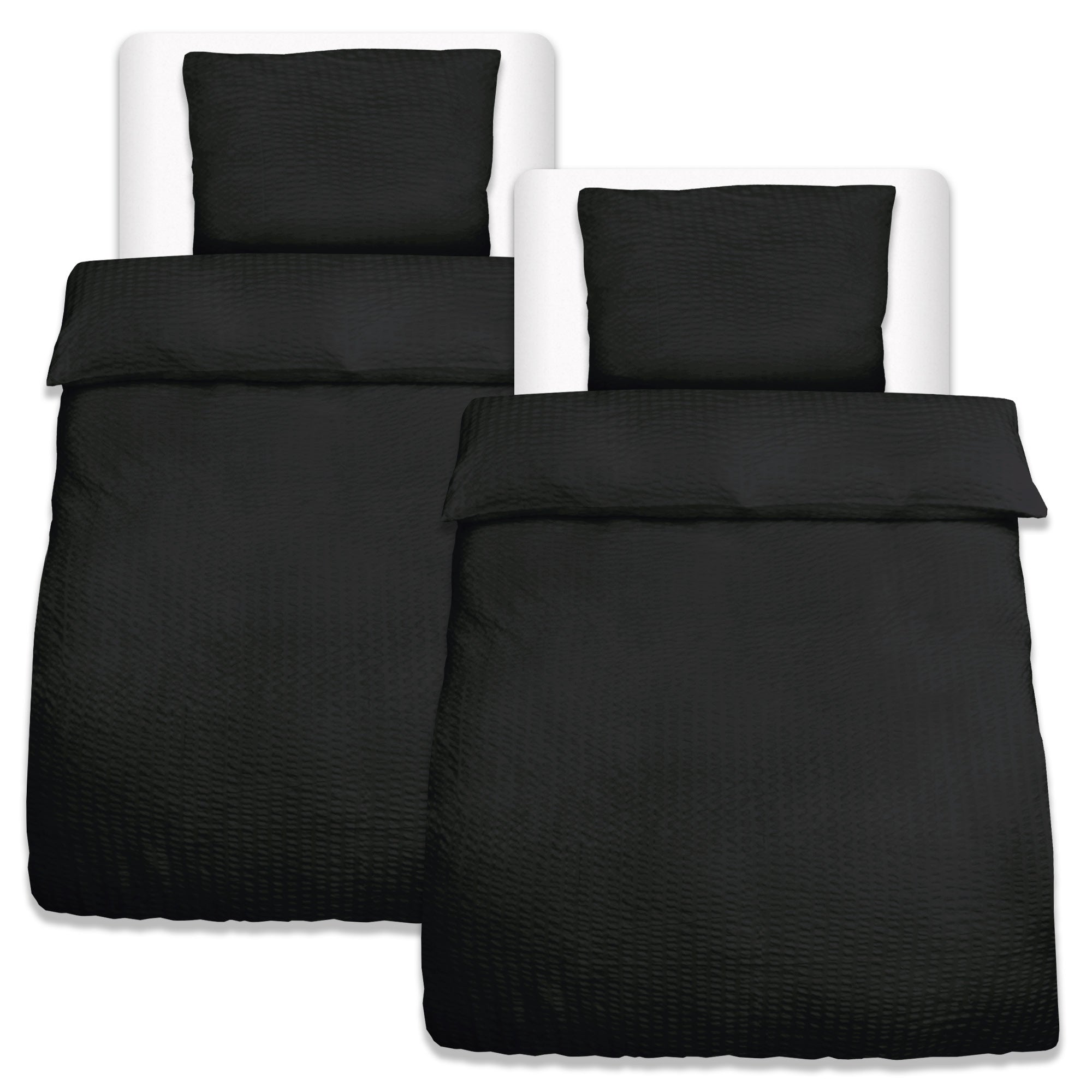 4-piece Beautissu Meline seersucker bedding set with two duvet covers and two pillowcases in black.