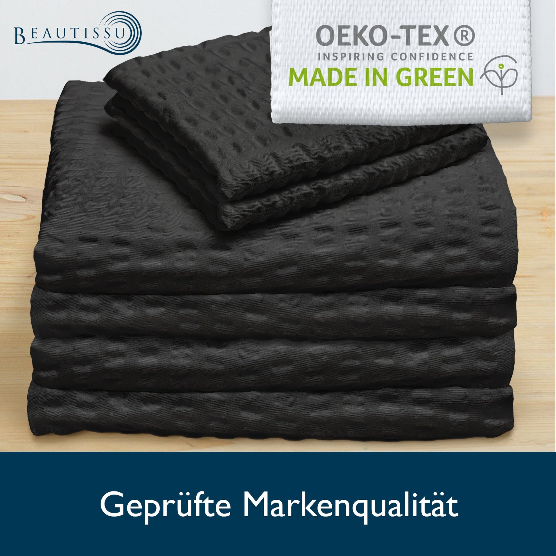 4-piece Beautissu Meline Seersucker bedding set with Oeko-Tex certification label.