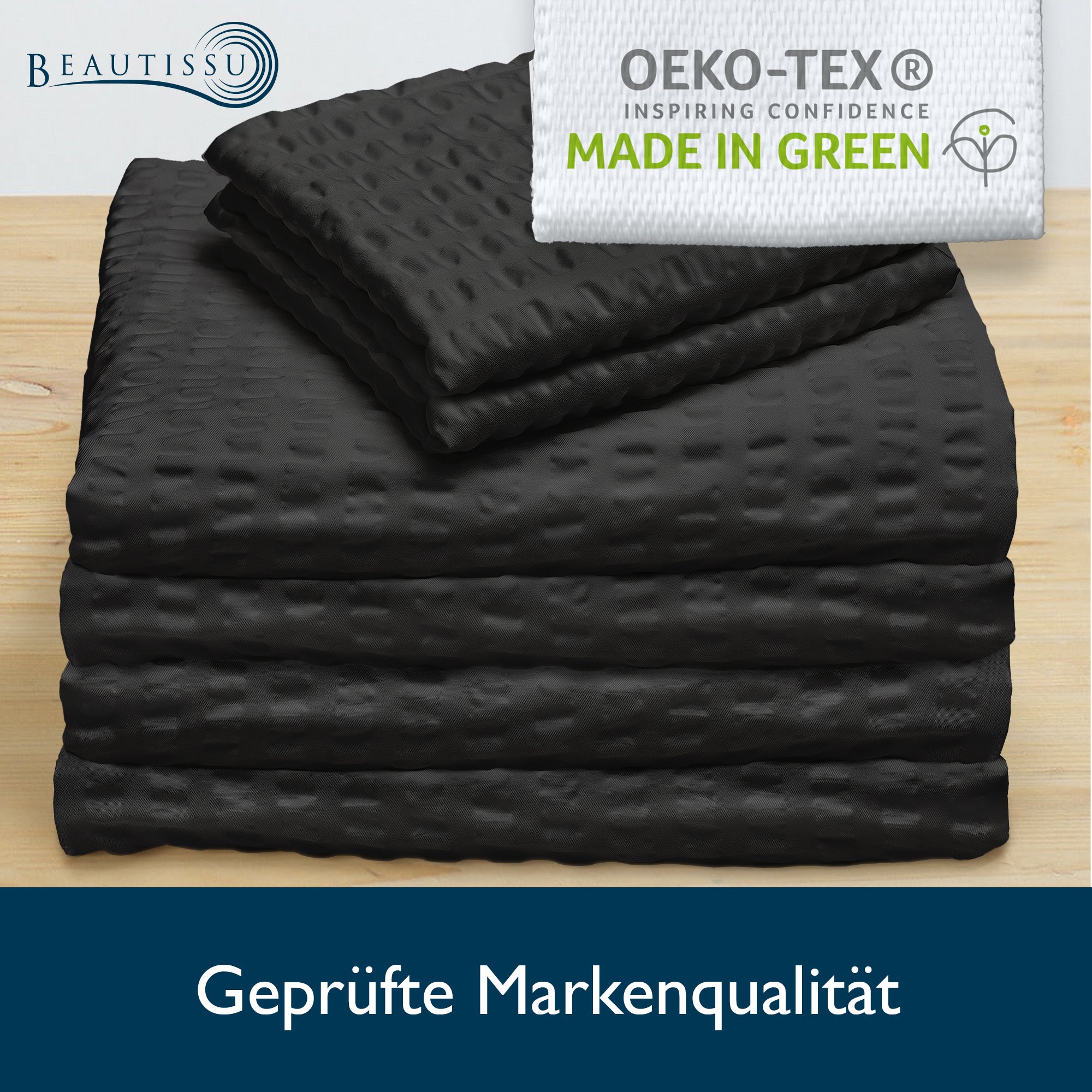 4-piece Beautissu Meline Seersucker bedding set with Oeko-Tex certification label.