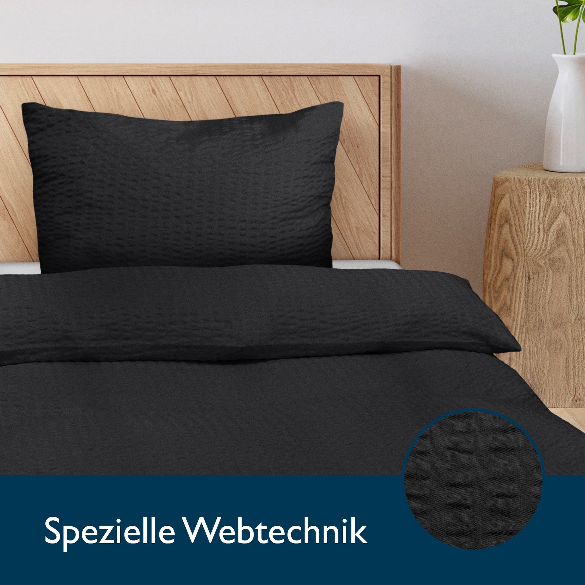 4-piece Beautissu Meline Seersucker bedding set, black, with two duvet covers (135x200, 155x220 cm) and two pillowcases (80x80 cm).