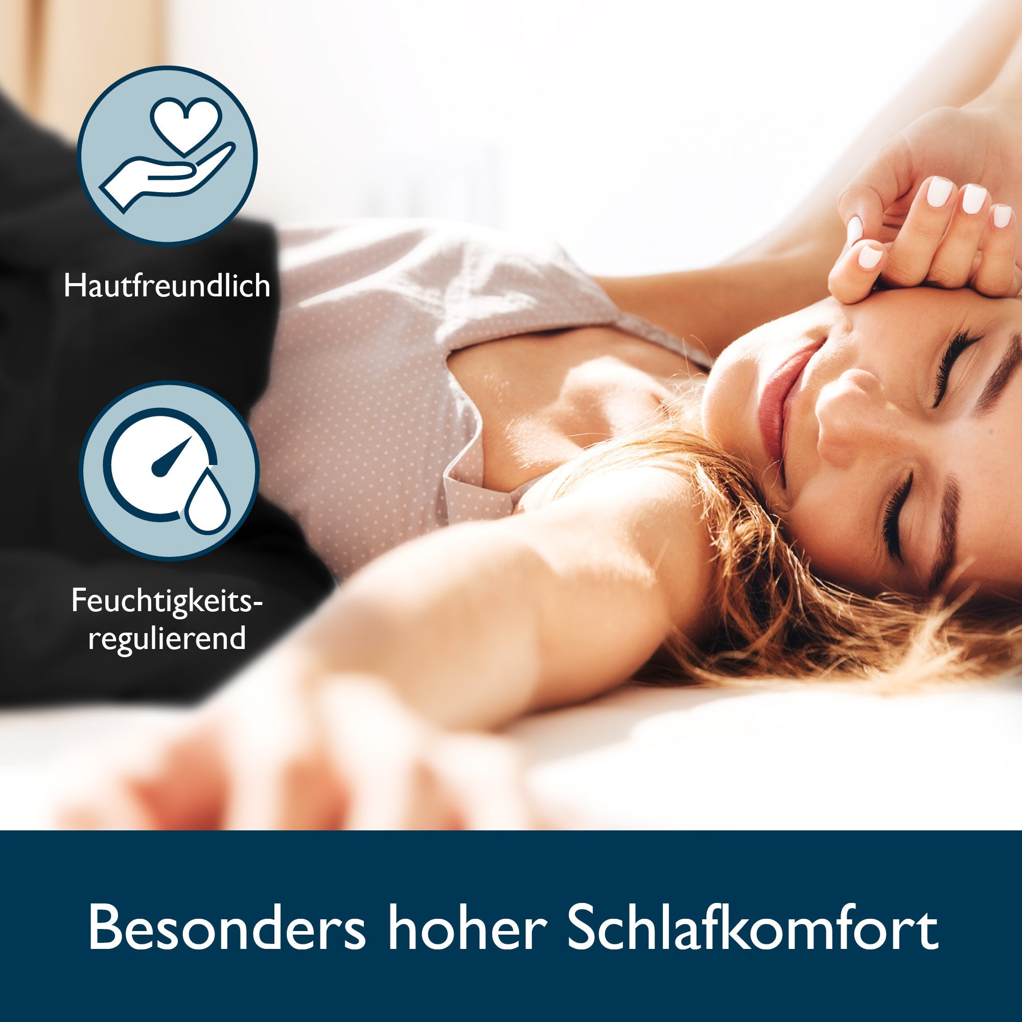 4-piece Beautissu Meline Seersucker bedding set, featuring a woman sleeping comfortably with icons highlighting skin-friendliness and moisture regulation.