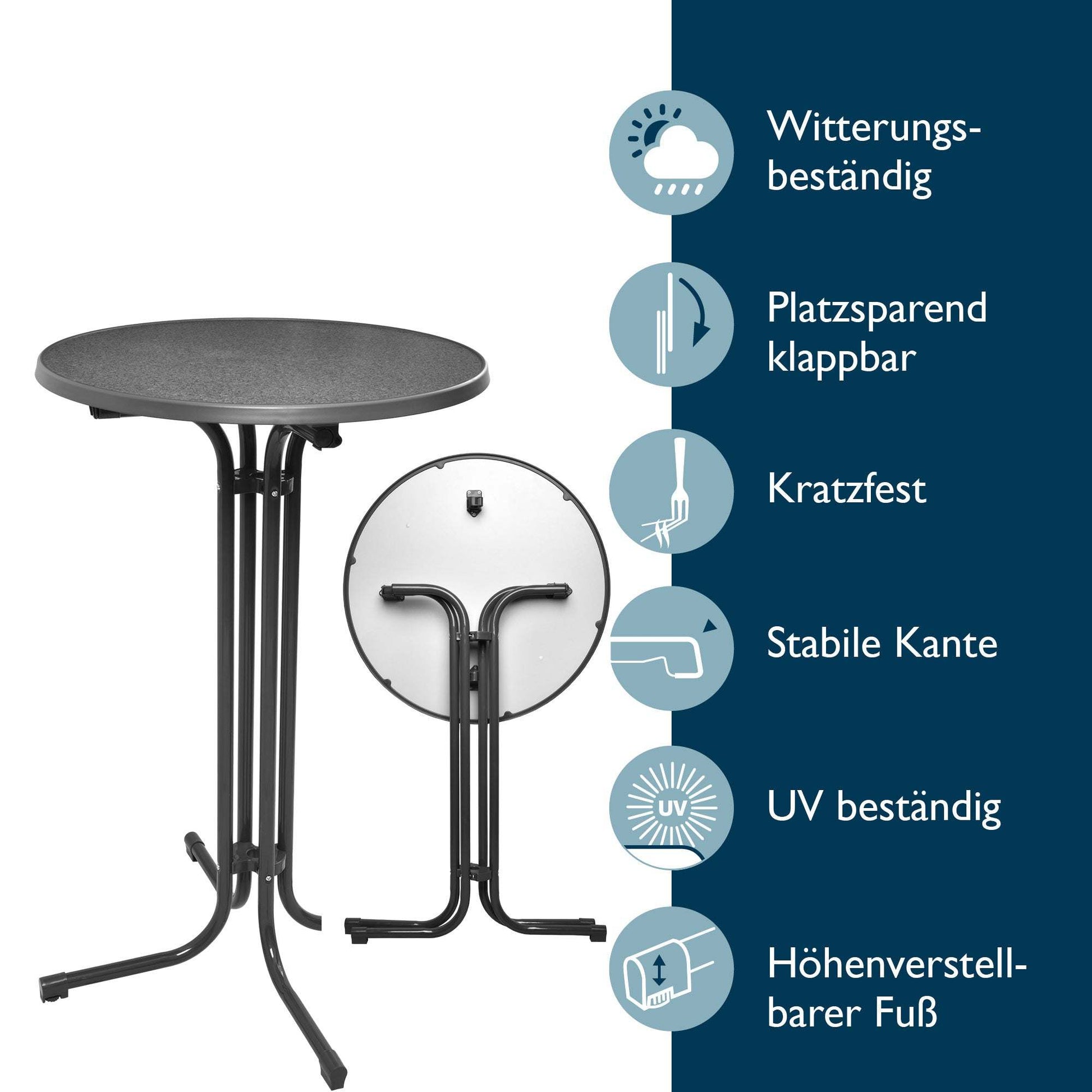 Foldable grey Stehtisch Bellini with round tabletop and adjustable feet, weather-resistant and UV-proof, ideal for indoor and outdoor events