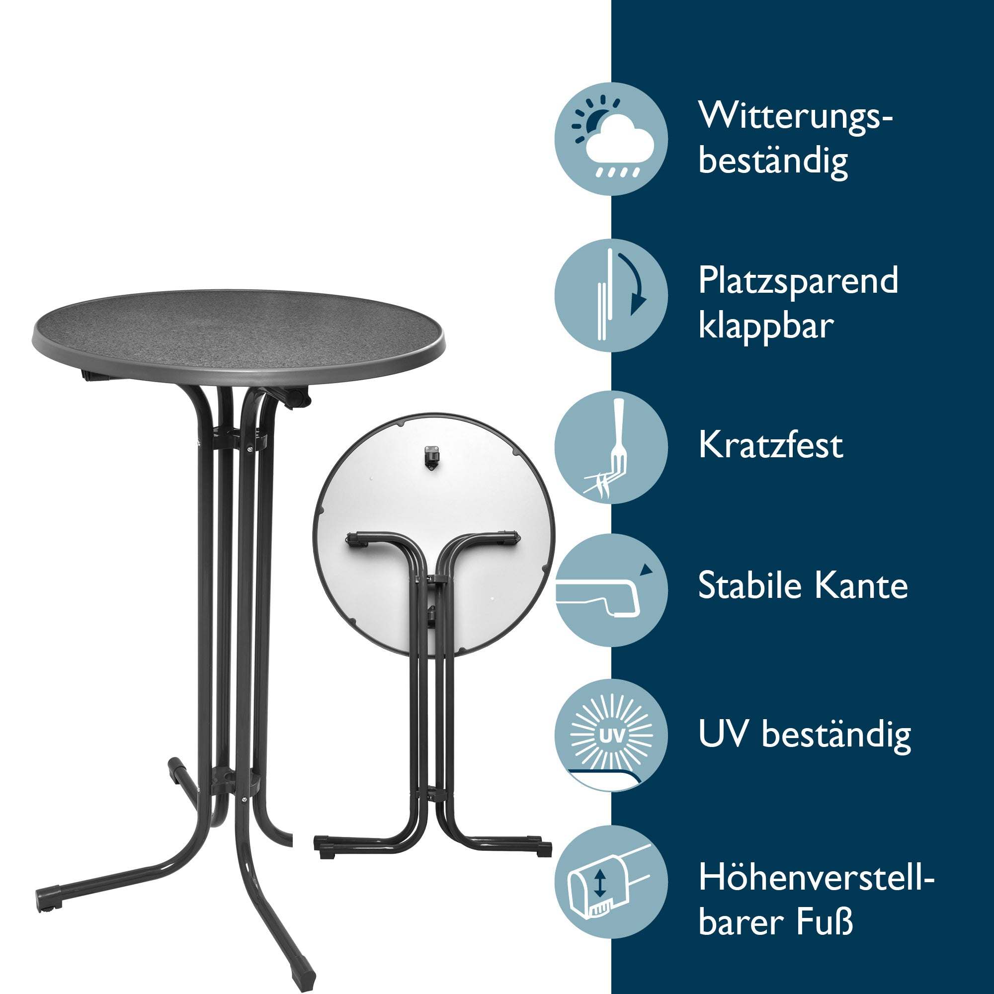 Foldable grey Stehtisch Bellini with round tabletop and adjustable feet, weather-resistant and UV-proof, ideal for indoor and outdoor events