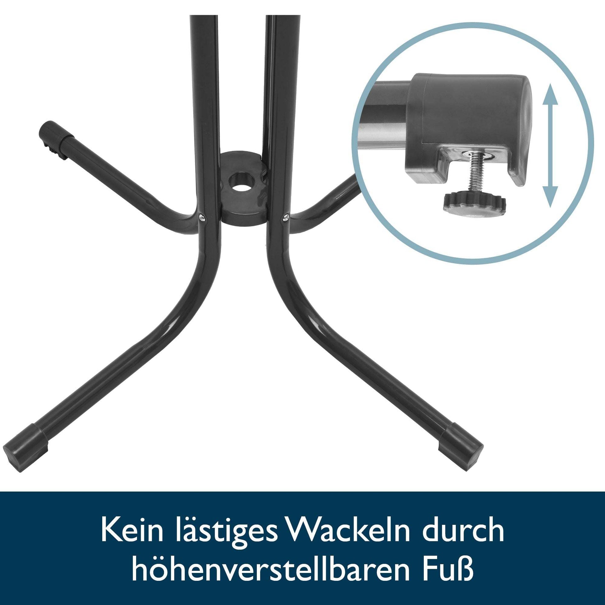 Close-up of the adjustable foot base of the Beautissu Stehtisch Bellini gray folding standing table with sturdy steel legs and non-slip feet for stability.