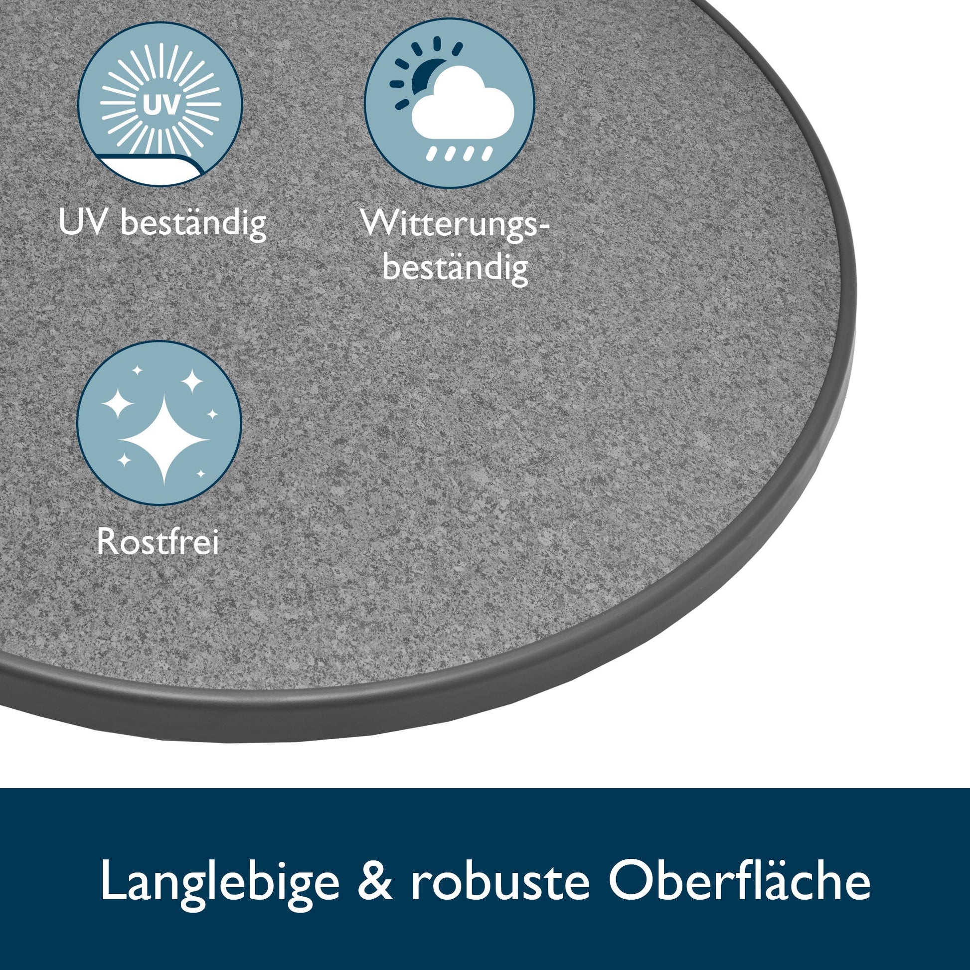 Close-up of the grey, weather-resistant, UV-resistant, and rust-free tabletop surface of the Stehtisch Bellini foldable standing table.