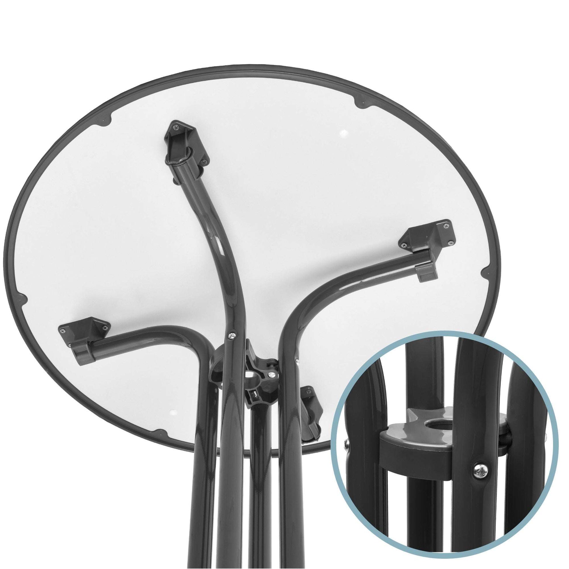 Underside view of the Beautissu Stehtisch Bellini foldable gray standing table with metal legs and round white tabletop.