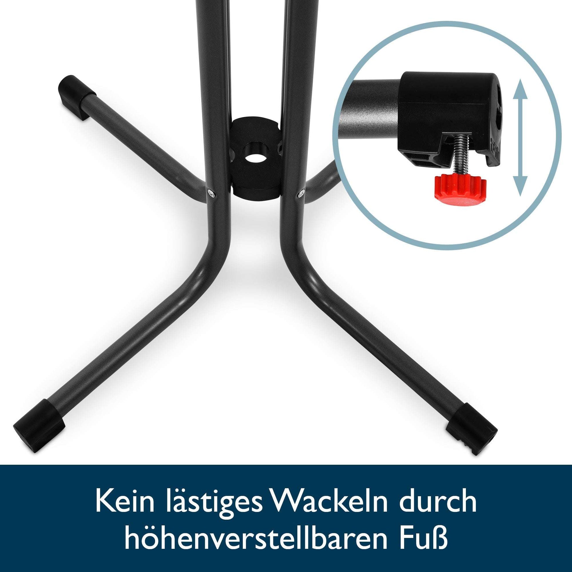 Close-up of the black metal base of Beautissu Schwarzer Stehtisch with adjustable foot for stability and wobble-free use.