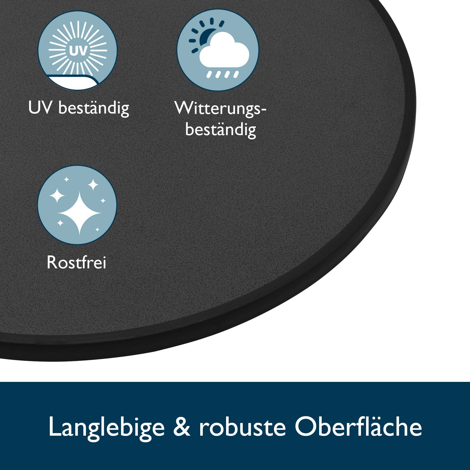 Close-up of Beautissu Schwarzer Stehtisch black tabletop with icons showing UV resistance, weather resistance, and rust-free surface features