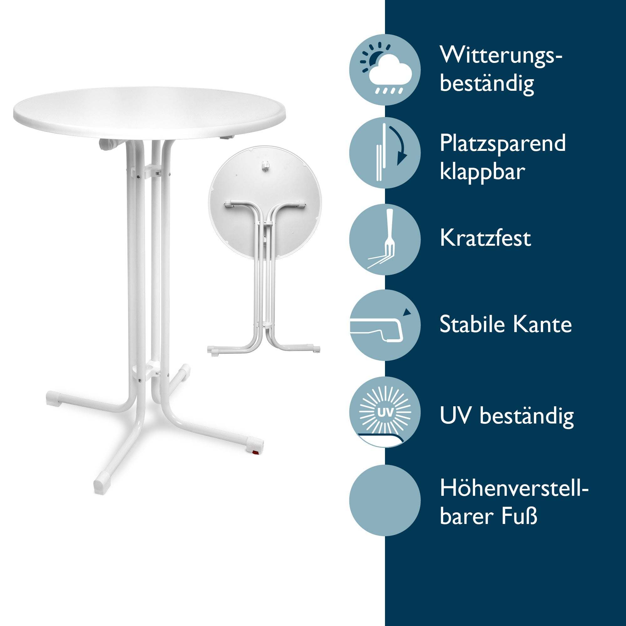 Beautissu Stehtisch Bellini Ø80cm, klappbar, stabil, weiß, ideal für Indoor/Outdoor, wetterfest, kratzfest, UV-beständig.