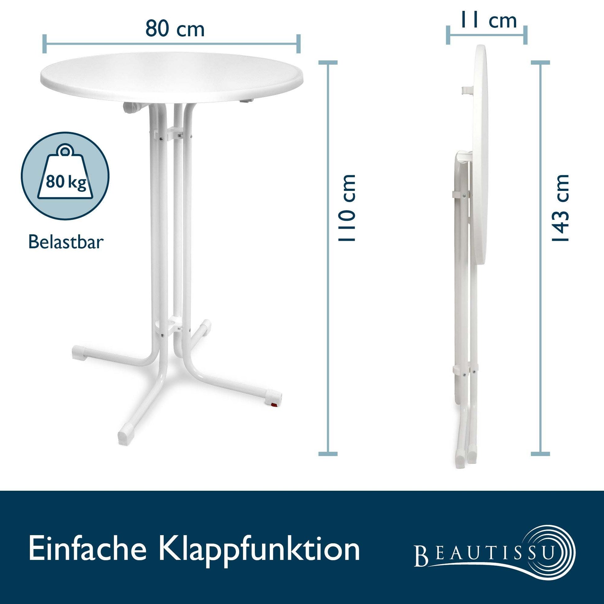 Beautissu Stehtisch Bellini Ø80cm, weiß, klappbar, stabil, indoor/outdoor.