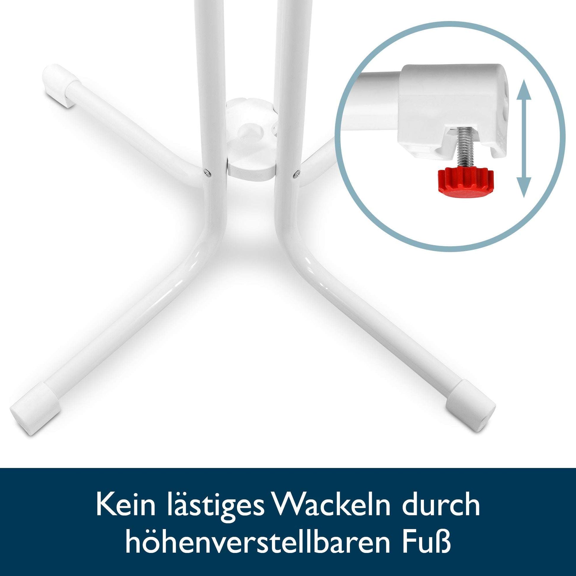 Höhenverstellbarer Fuß des Beautissu Stehtisch Bellini Ø80cm, klappbar und stabil, weiß.