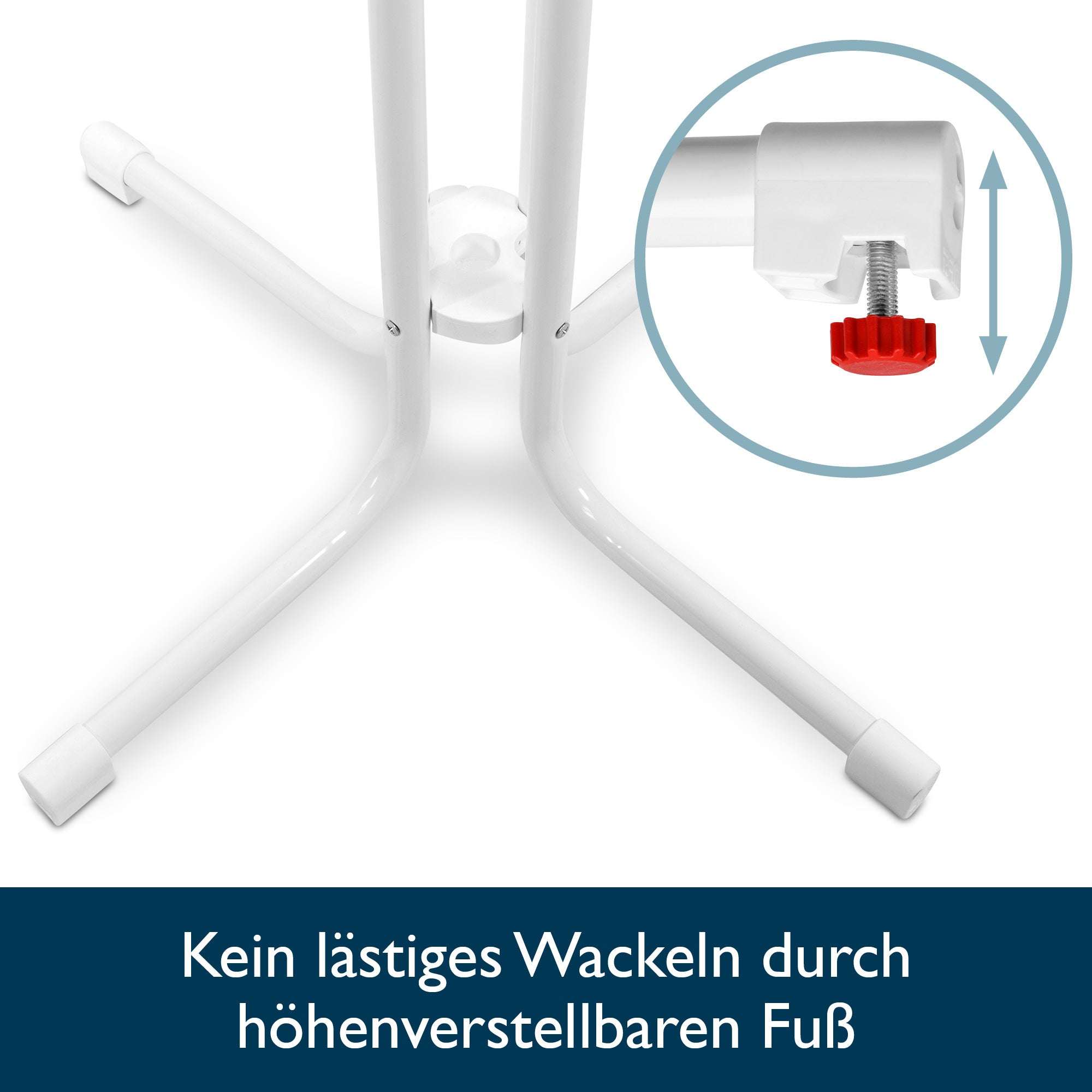 Höhenverstellbarer Fuß des Beautissu Stehtisch Bellini Ø80cm, klappbar und stabil, weiß.