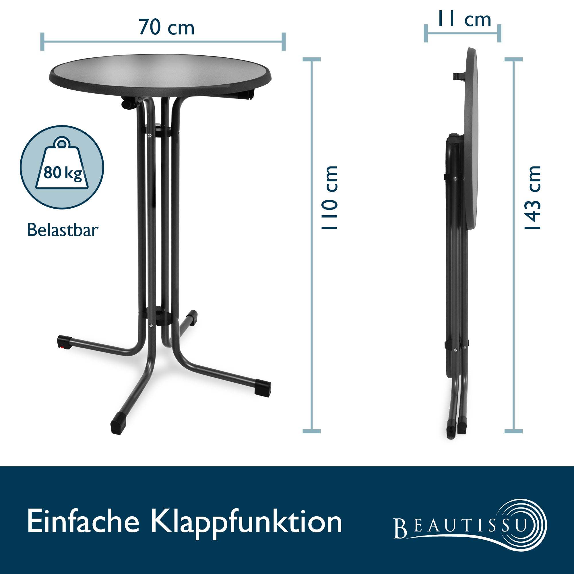Beautissu Stehtisch Sylt Ø70cm outdoor, anthrazit, wetterbeständig, klappbar, Gastroqualität, TÜV zertifiziert.