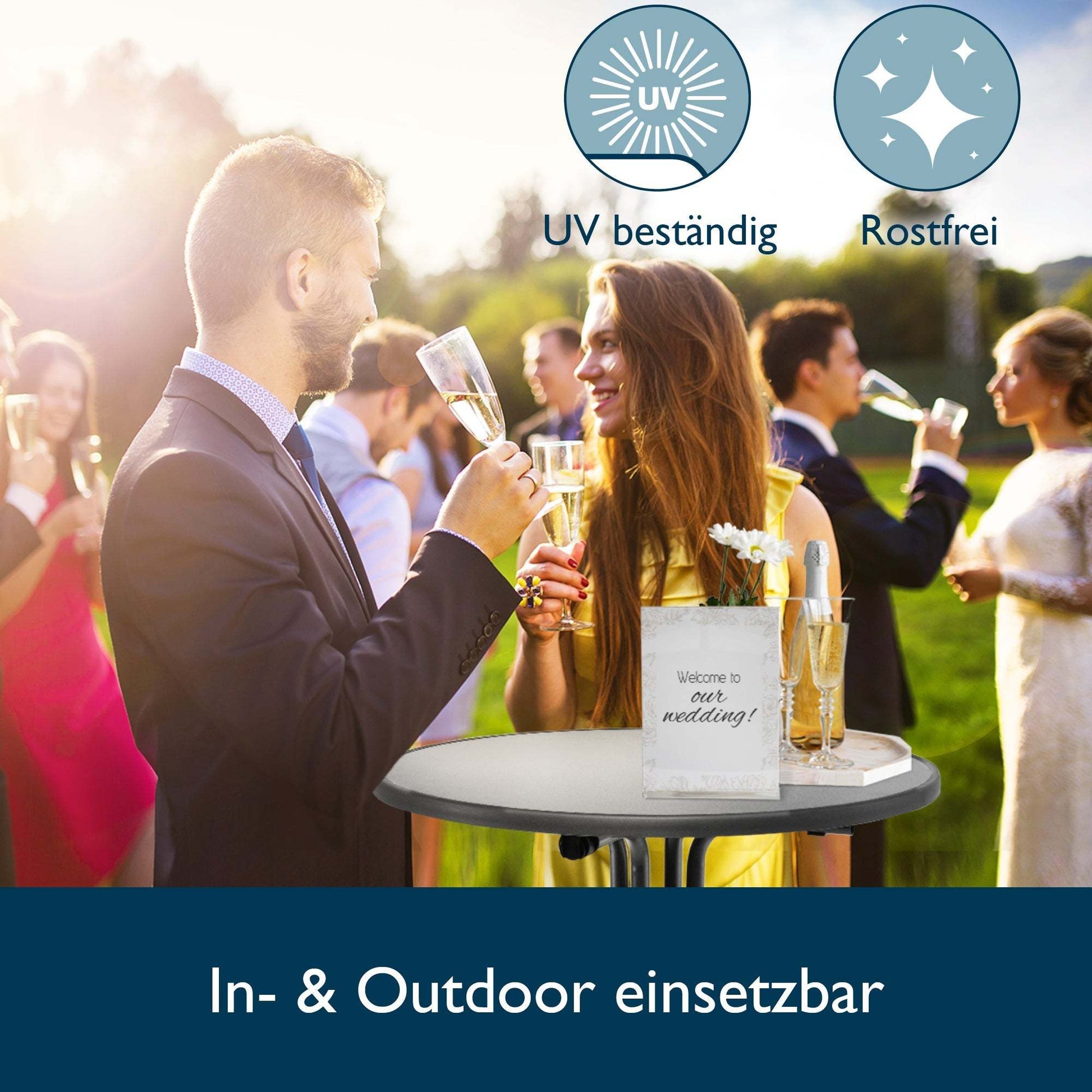 Outdoor party with guests using Beautissu Stehtisch Sylt Ø70cm, UV resistant, anthracite, weatherproof.