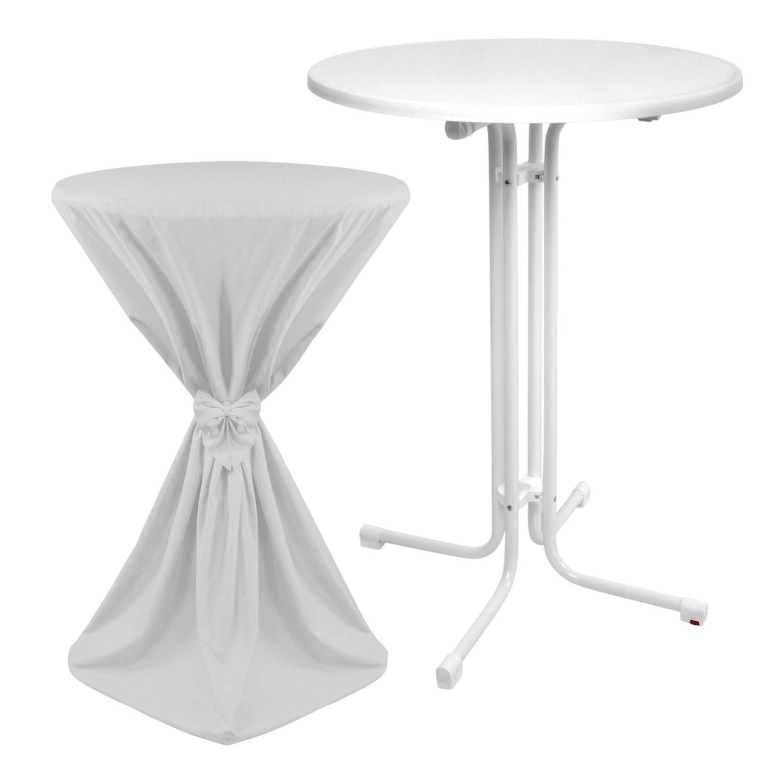 White standing table with elegant table cover, suitable for events and receptions, durable and weather-resistant.