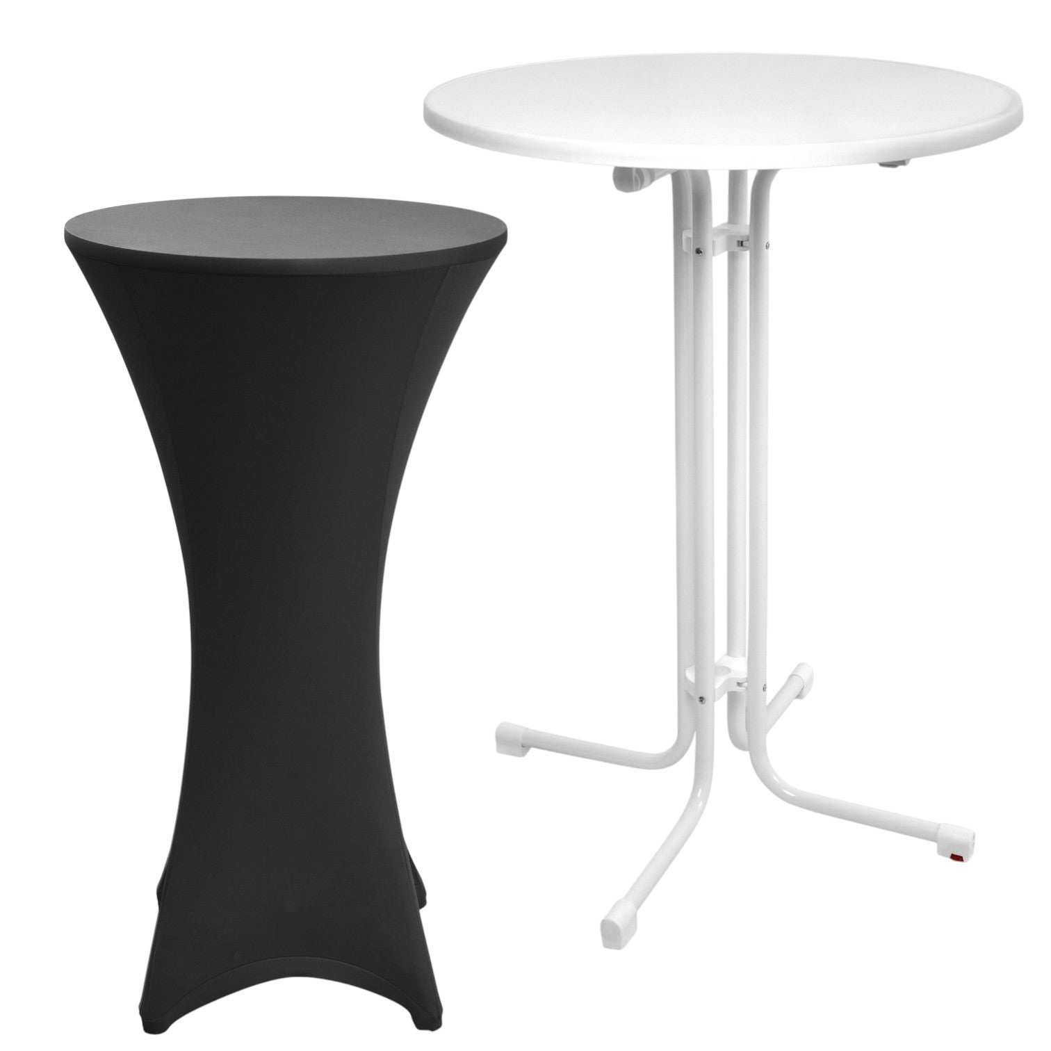 Beautissu Set Sylt Stehtisch weiß mit Stretchhusse Stella, Ø70 oder 80cm, festlich, witterungsbeständig.