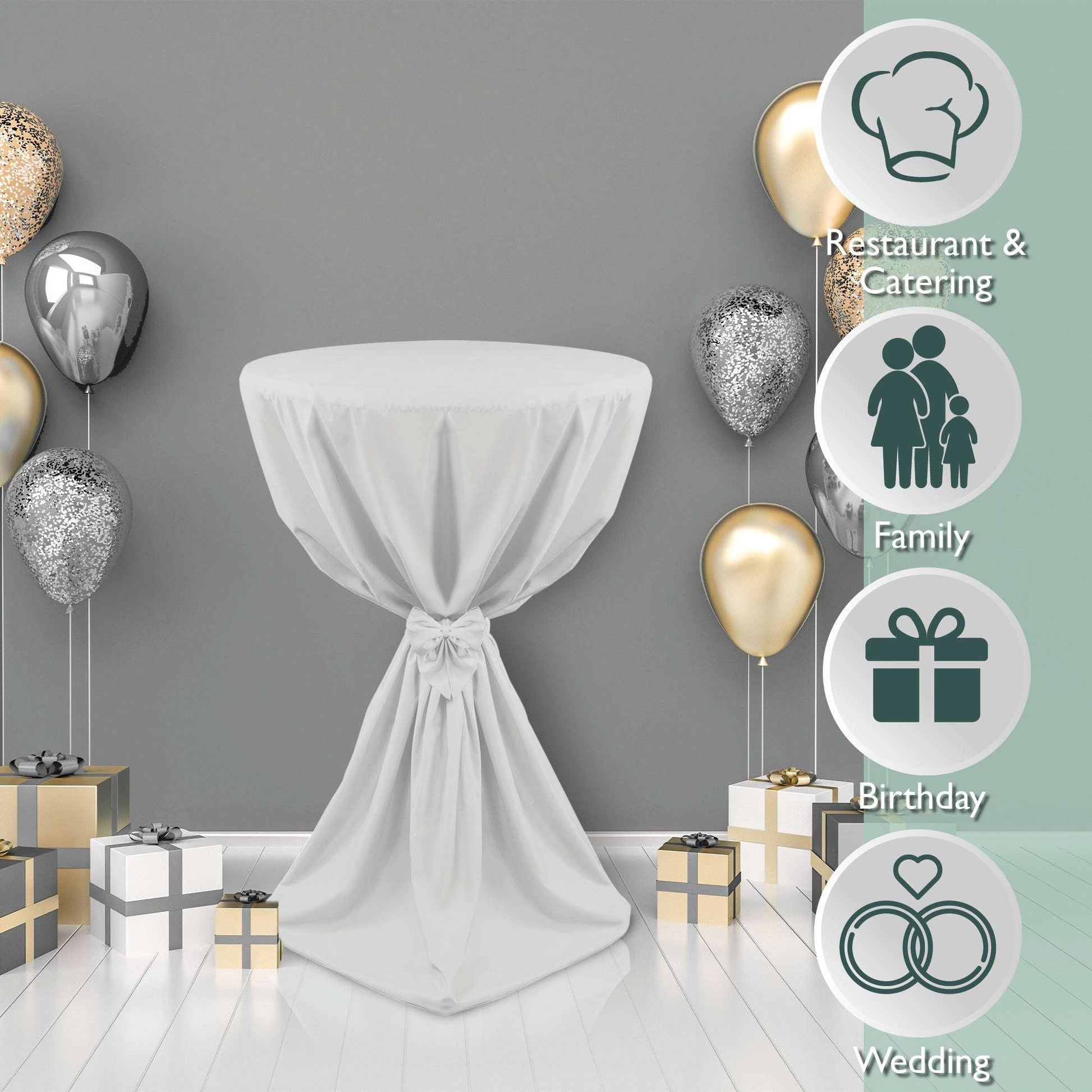 White standing table cover with bow for events, Beautissu Giulia Stehtischhusse, fits 60-80cm tables, elegant polyester design.