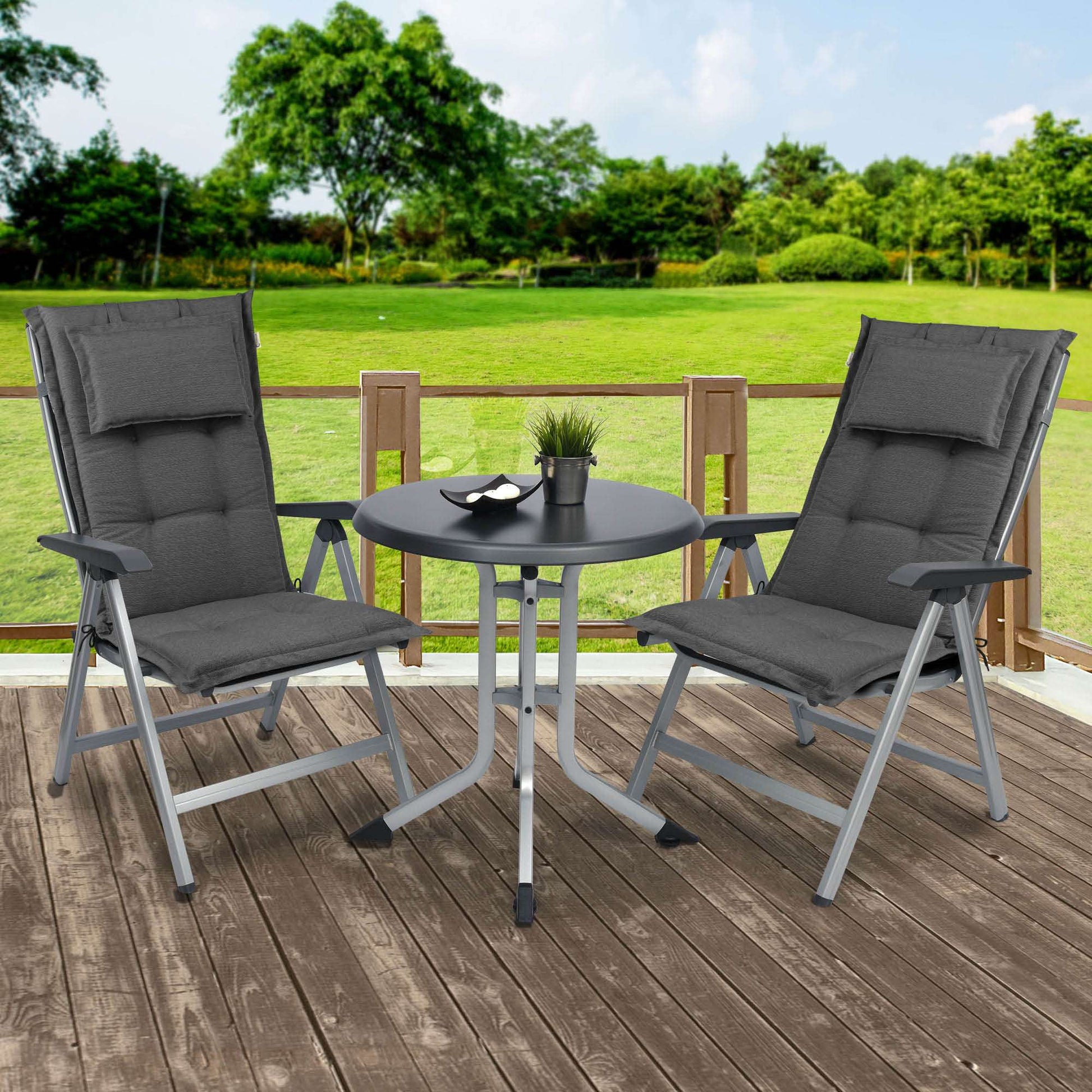 Beautissu HighLux HL garden chair cushions with headrest, 120x50x7cm, black, outdoor setting.