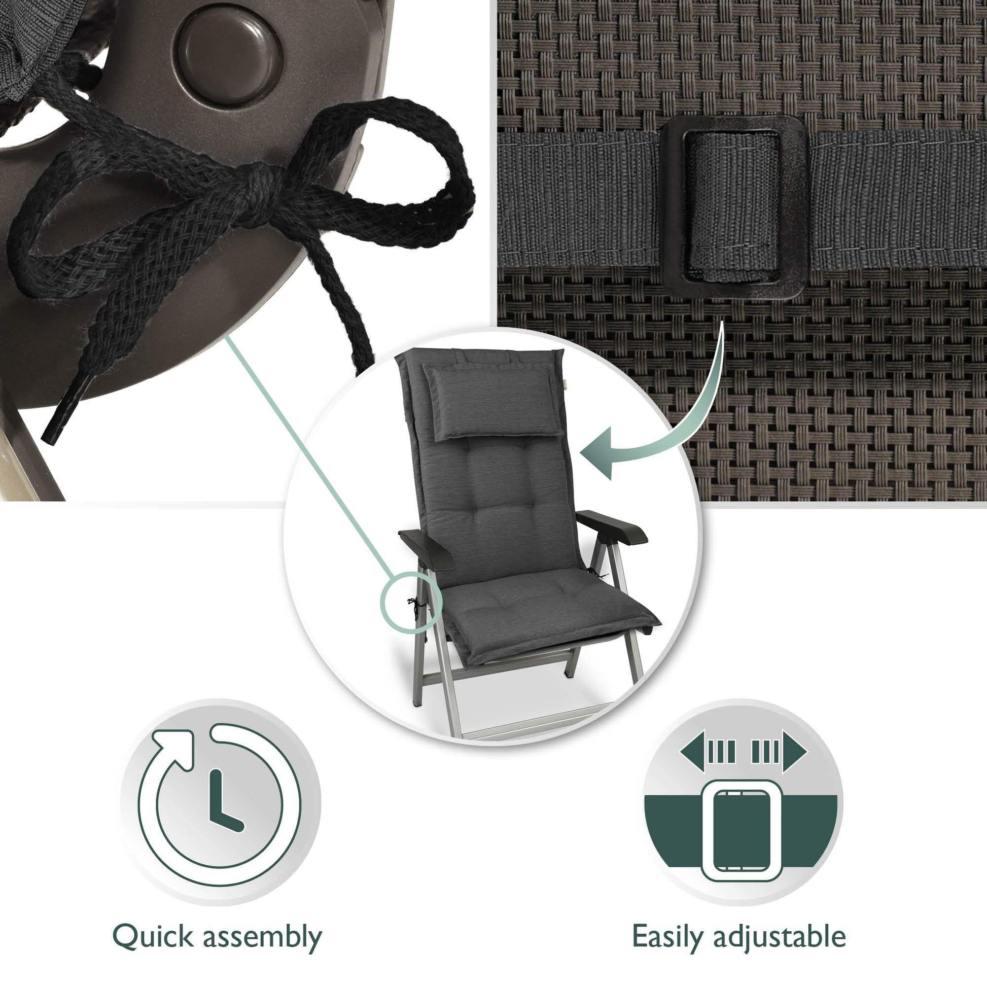 Beautissu HighLux HL chair cushion with headrest and adjustable straps, 120x50x7cm, for comfortable outdoor seating.