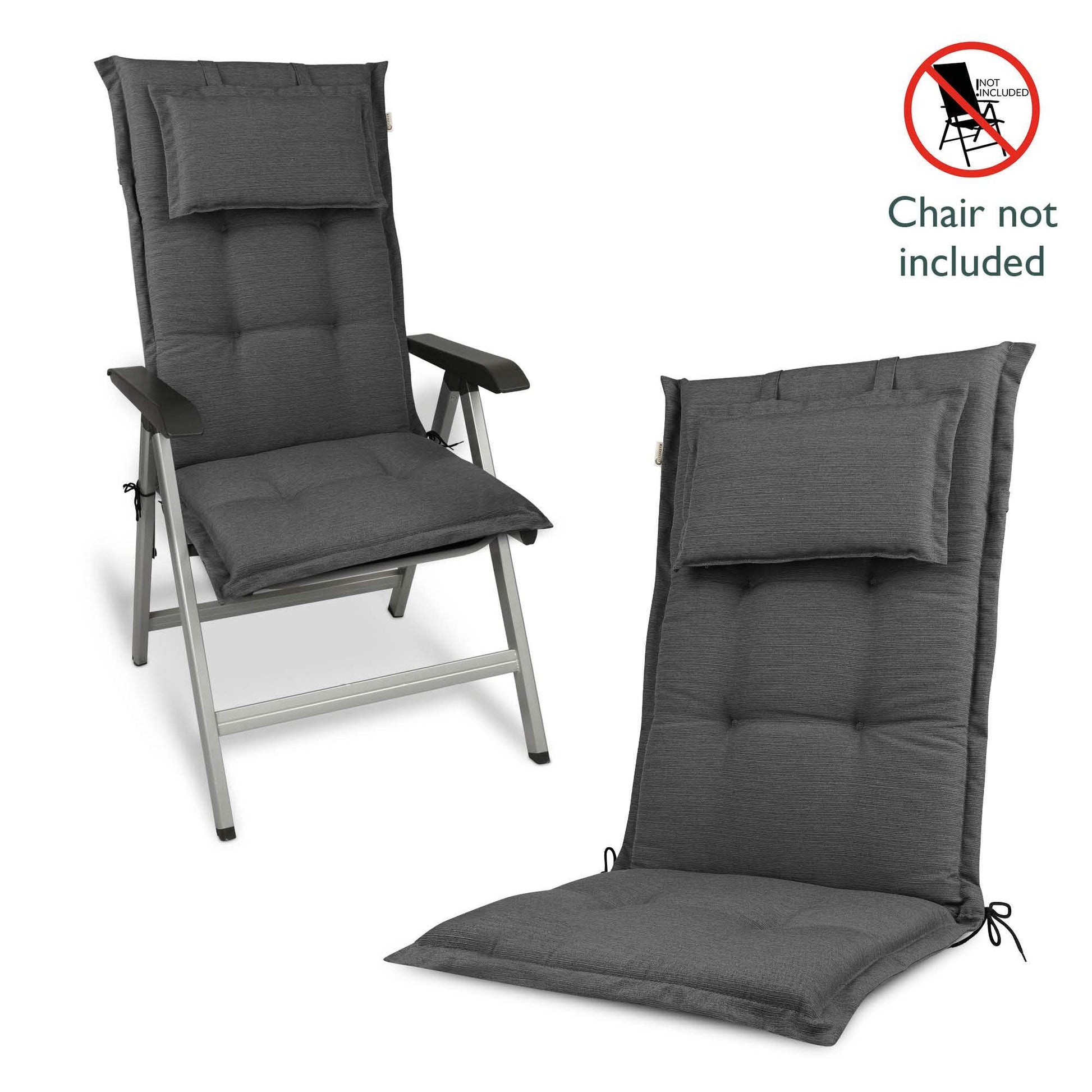Beautissu HighLux HL garden chair cushion with headrest, 120x50x7cm, grey, featuring secure fastening straps.