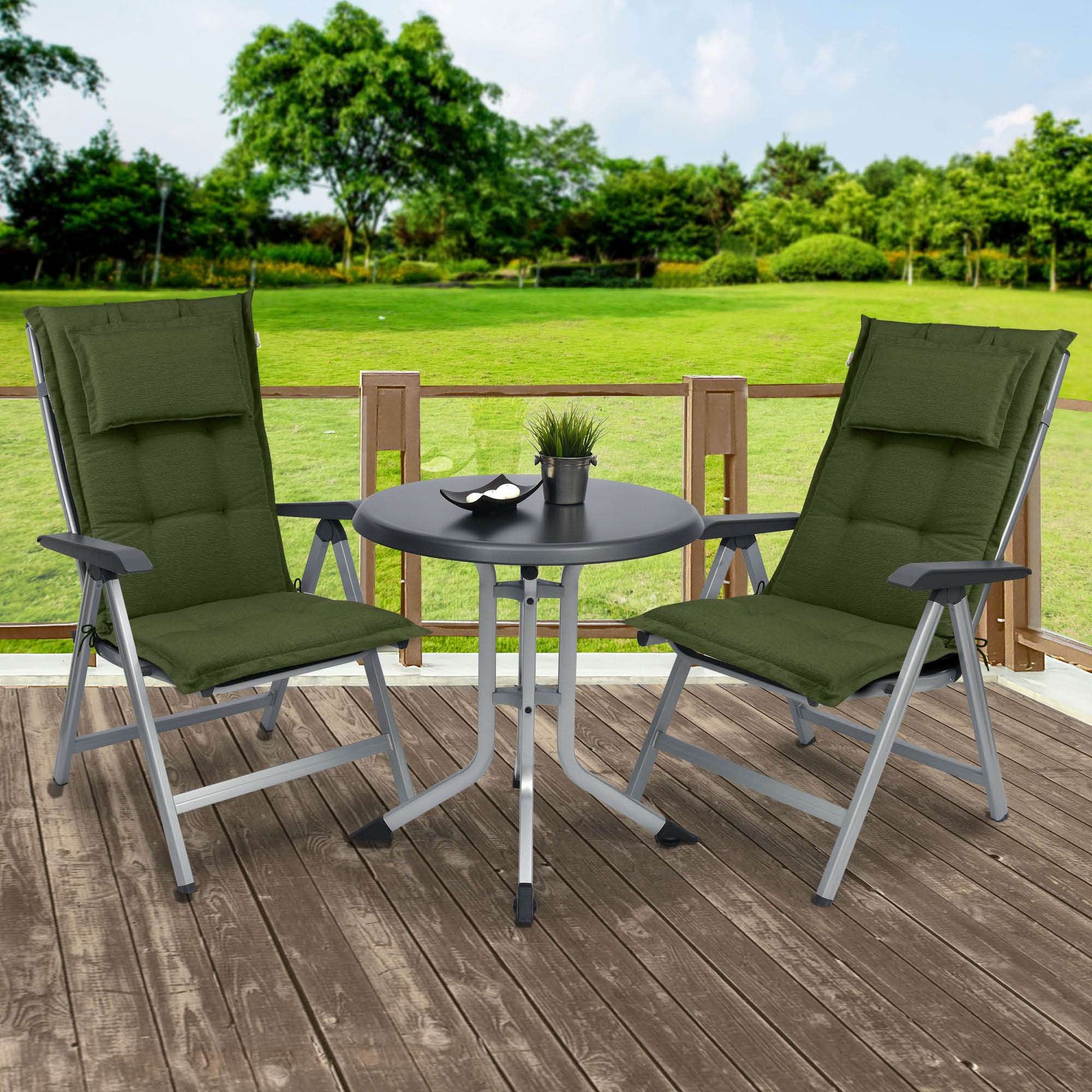 Beautissu HighLux HL garden chair cushions with headrest, green, outdoor setting.