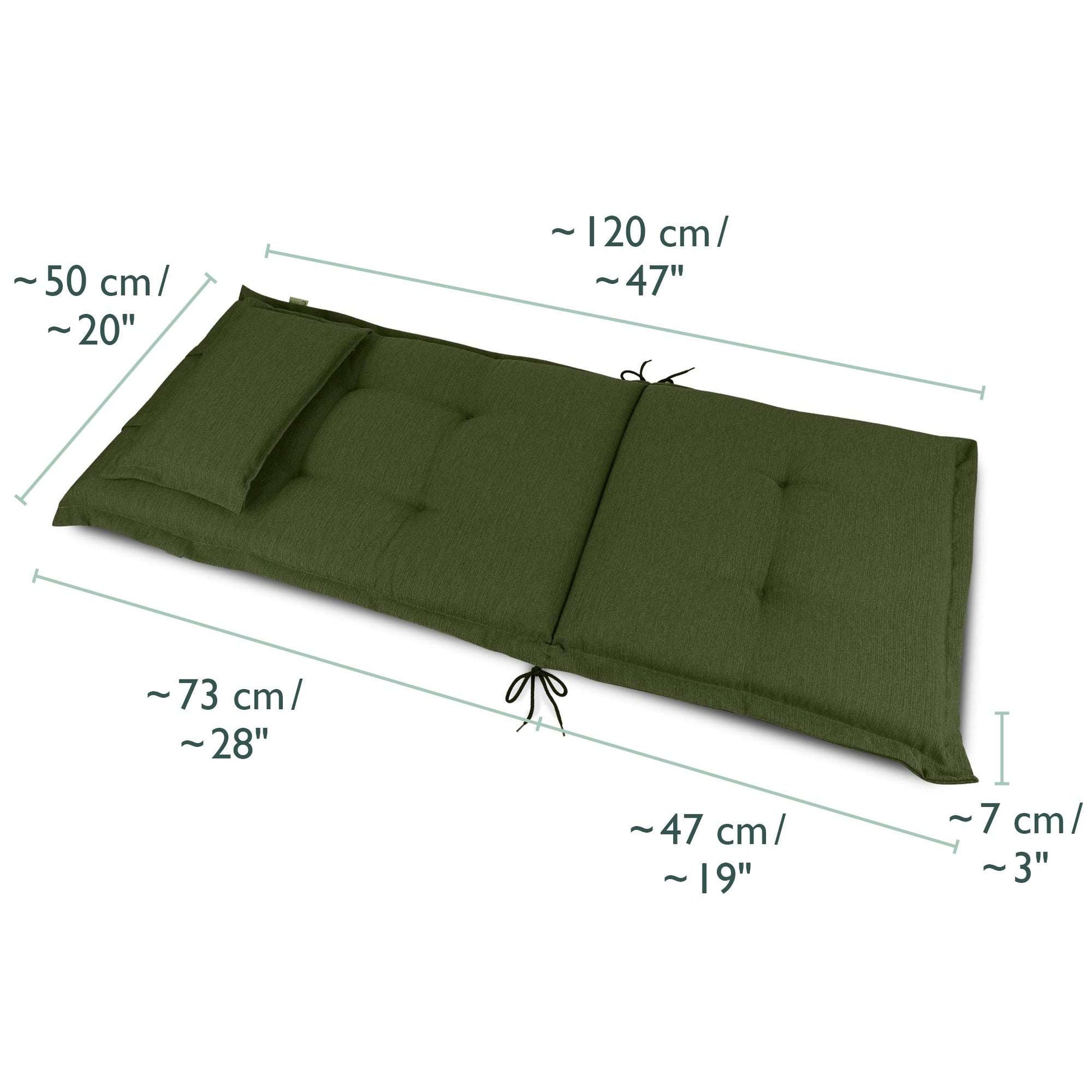 Beautissu HighLux HL garden chair cushion with headrest, 120x50x7cm, green, durable and comfortable.