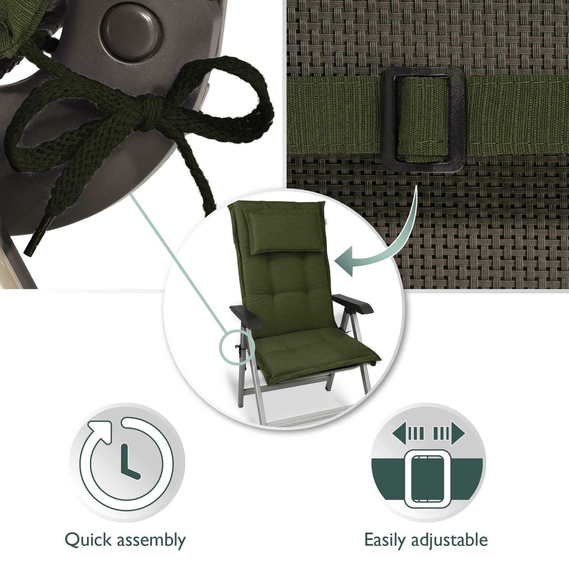 Beautissu HighLux HL garden chair cushion with headrest, adjustable straps, quick assembly, green color.