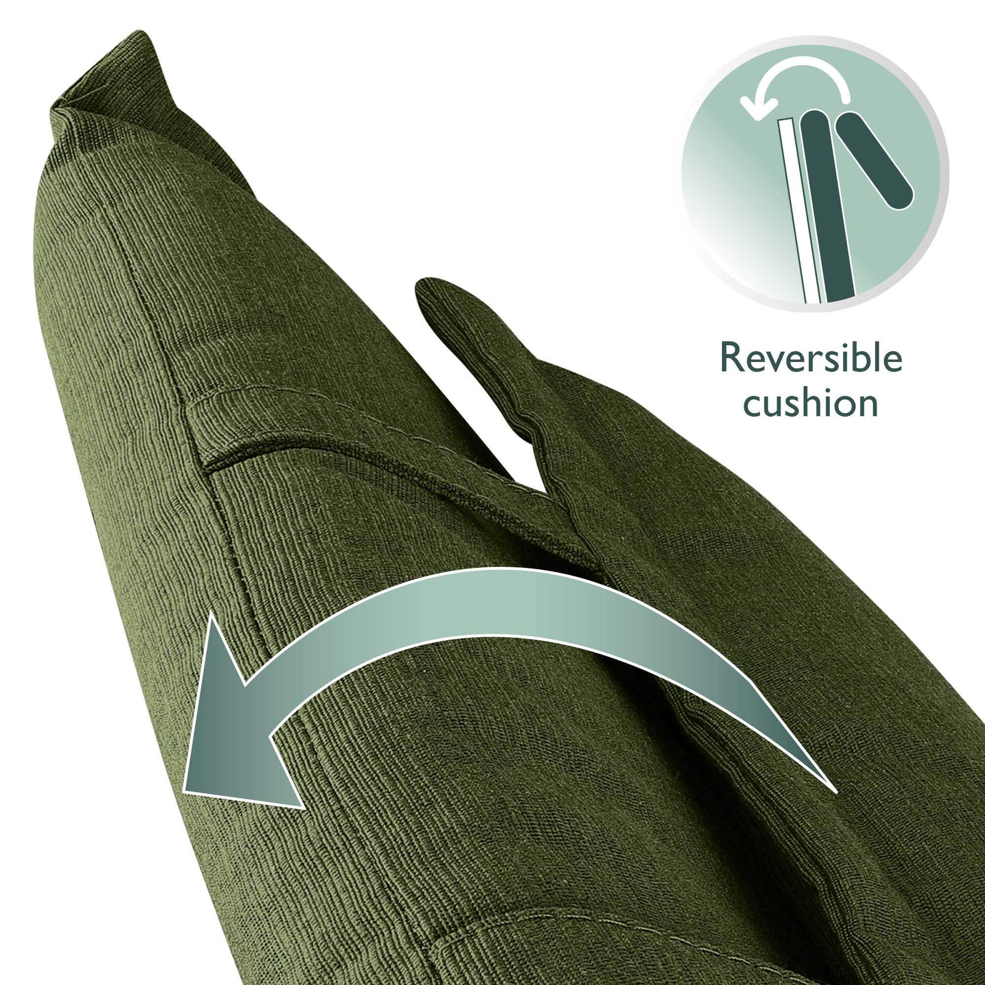 Dark green Beautissu HighLux HL garden chair cushion with headrest and reversible design.