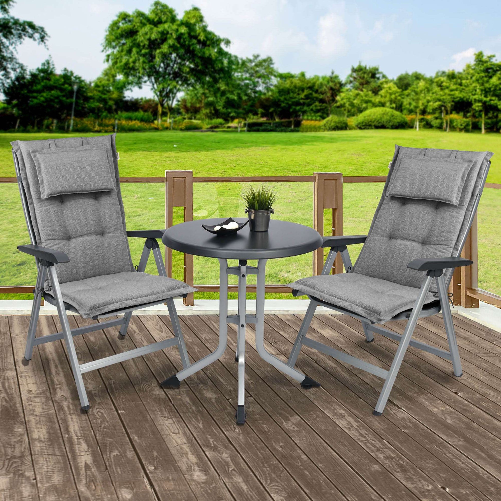 Beautissu HighLux HL garden chair cushions with headrest in diverse colors on patio chairs, providing comfort and style.