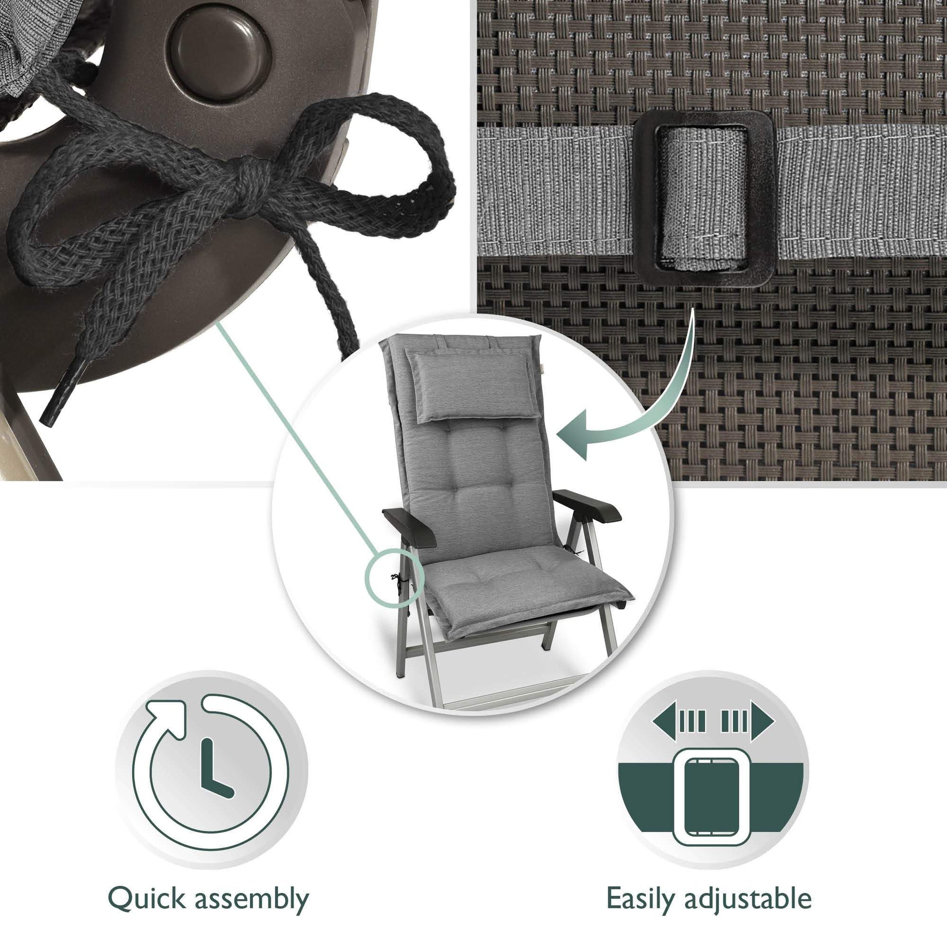 Beautissu HighLux HL garden chair cushion with headrest, featuring quick assembly and adjustable straps for a secure fit.