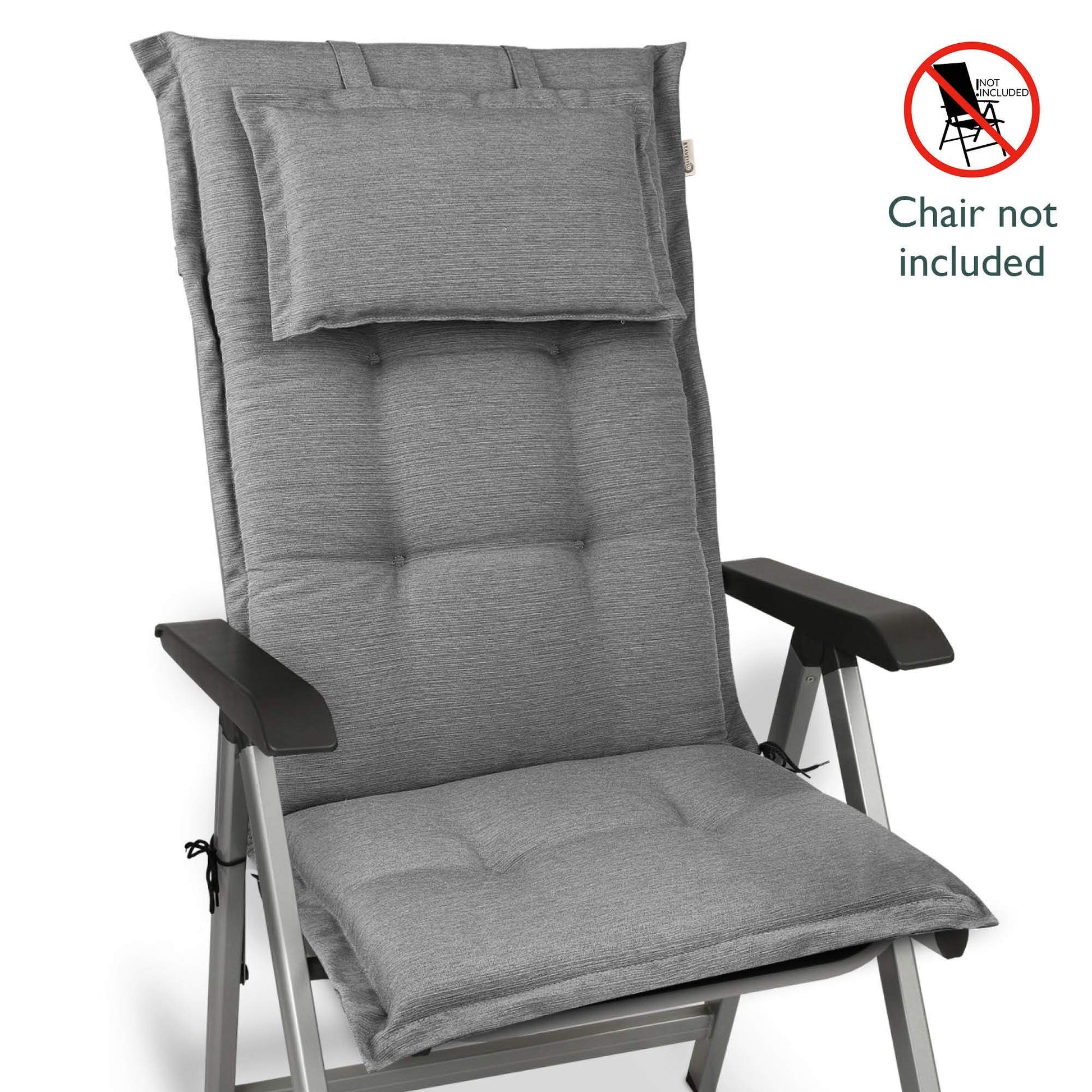 Beautissu HighLux HL garden chair cushion with headrest in grey, 120x50x7cm, secure straps included.